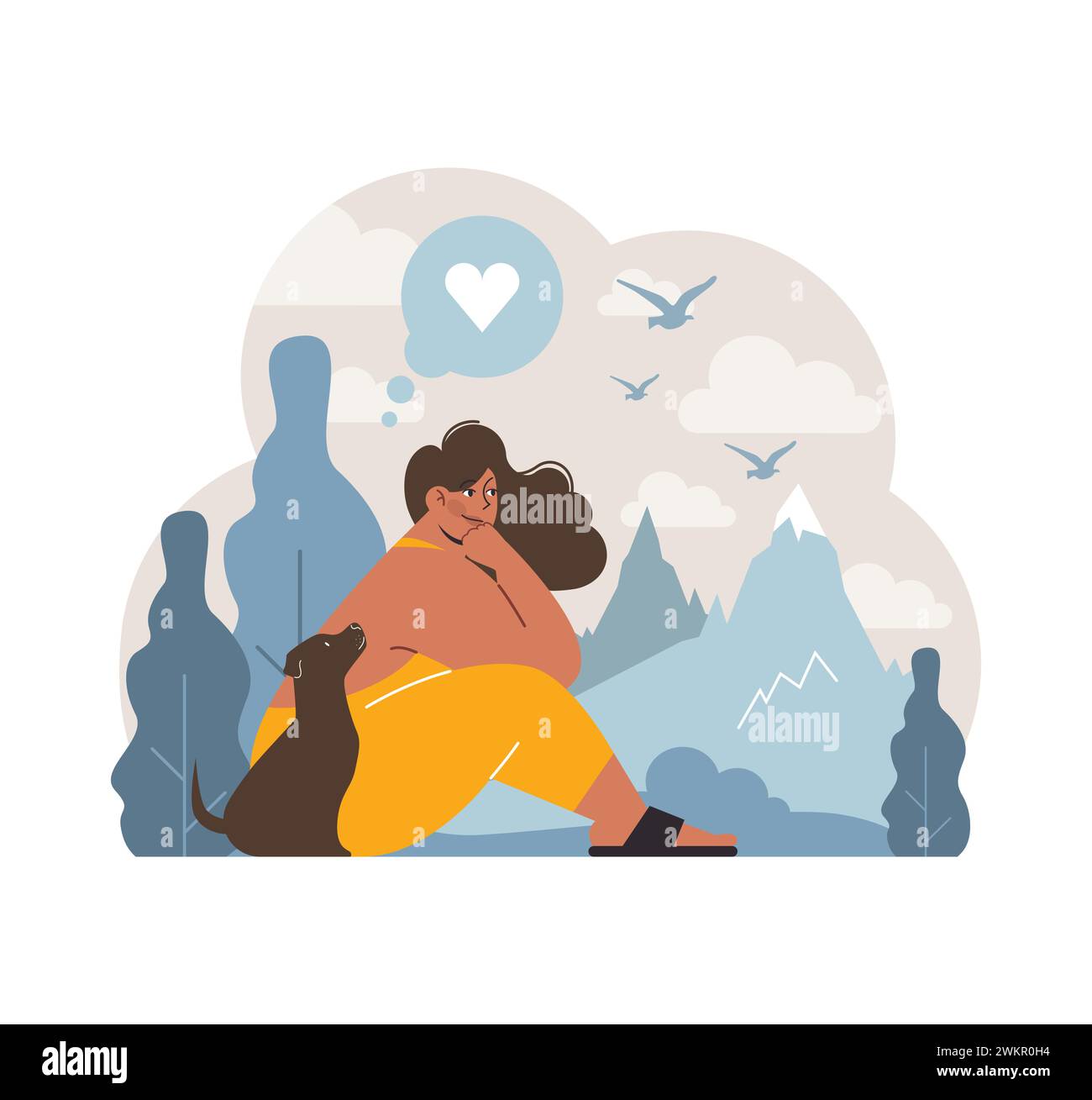 Ruhige Szene einer Frau mit ihrem Hund. Beide genießen einen ruhigen Blick auf die Berge, symbolisieren Frieden und Zufriedenheit. Gemeinsame Liebe und Glück. Illustration des flachen Vektors Stock Vektor