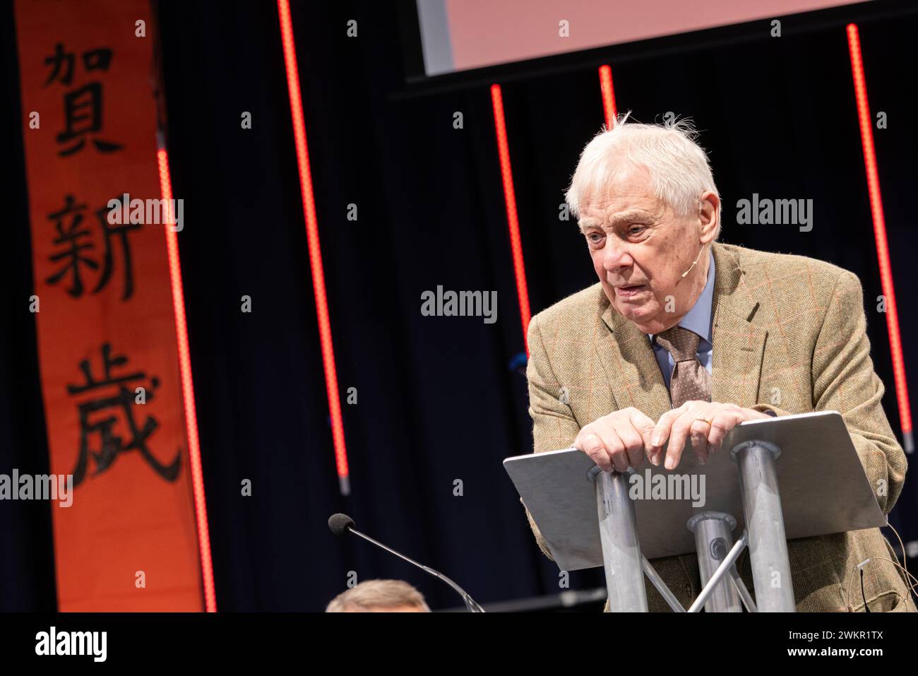 Oxford, England, Großbritannien. Februar 2024. Lord Chris Patten, Großbritanniens letzter Gouverneur von Hongkong, nimmt an einer Neujahrsfeier für Hongkonger Teil. Stockfoto