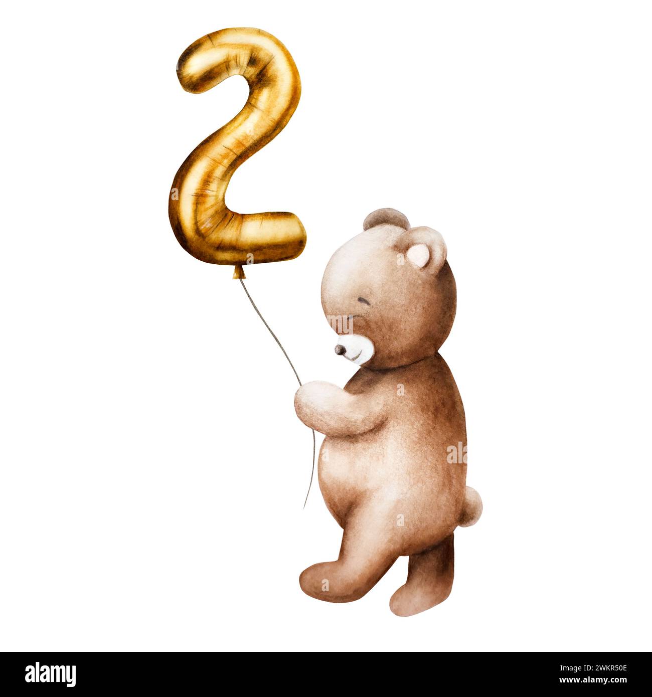 Niedlicher Cartoon-Teddybär mit goldenem Folienballon Nummer 2 an einer Schnur. Handgezeichnete Baby-Illustration isoliert auf weißem Hintergrund. Schön Stockfoto