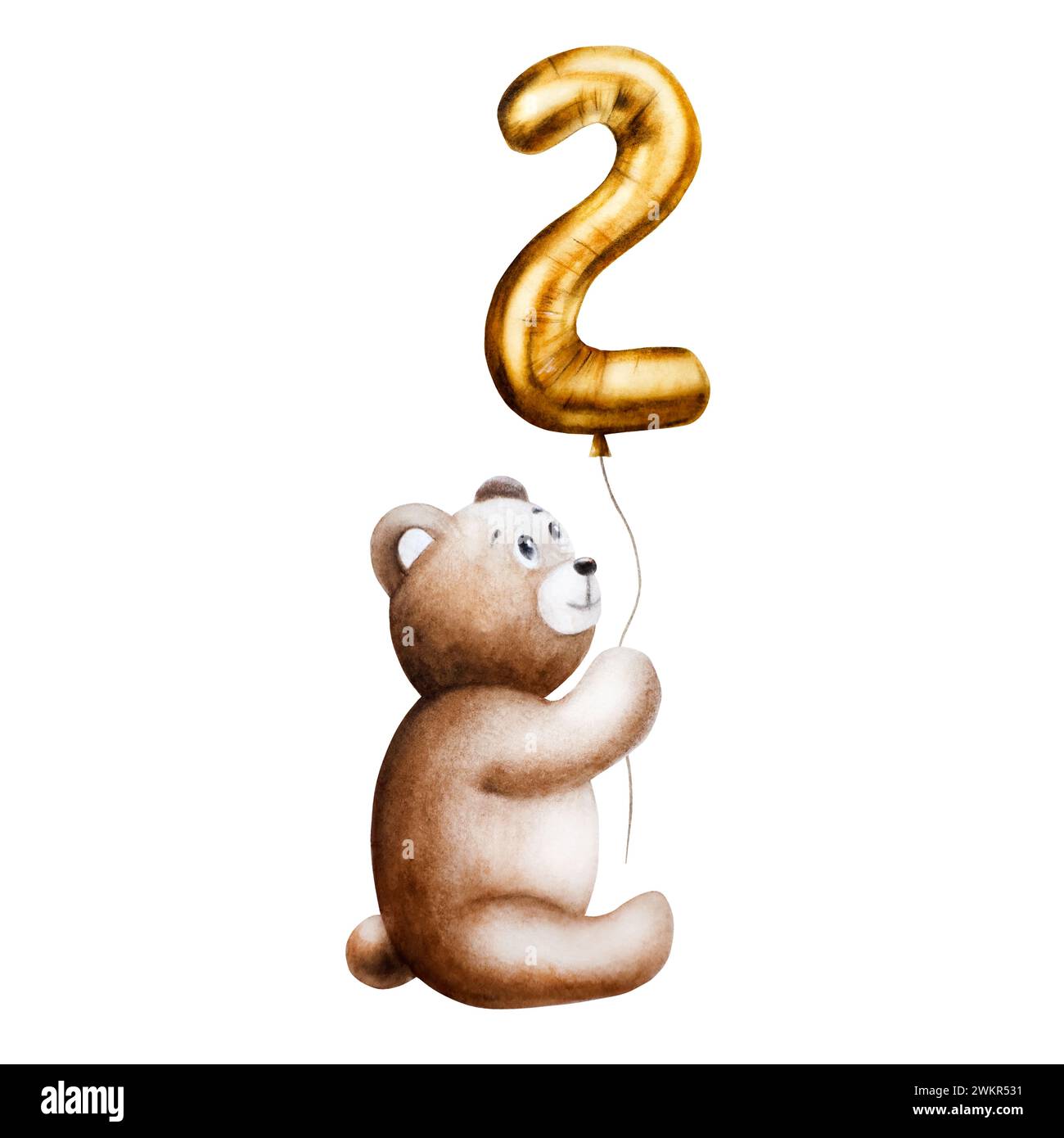 Niedlicher Cartoon-Teddybär mit goldenem Folienballon Nummer 2 an einer Schnur. Handgezeichnete Baby-Illustration isoliert auf weißem Hintergrund. Schön Stockfoto