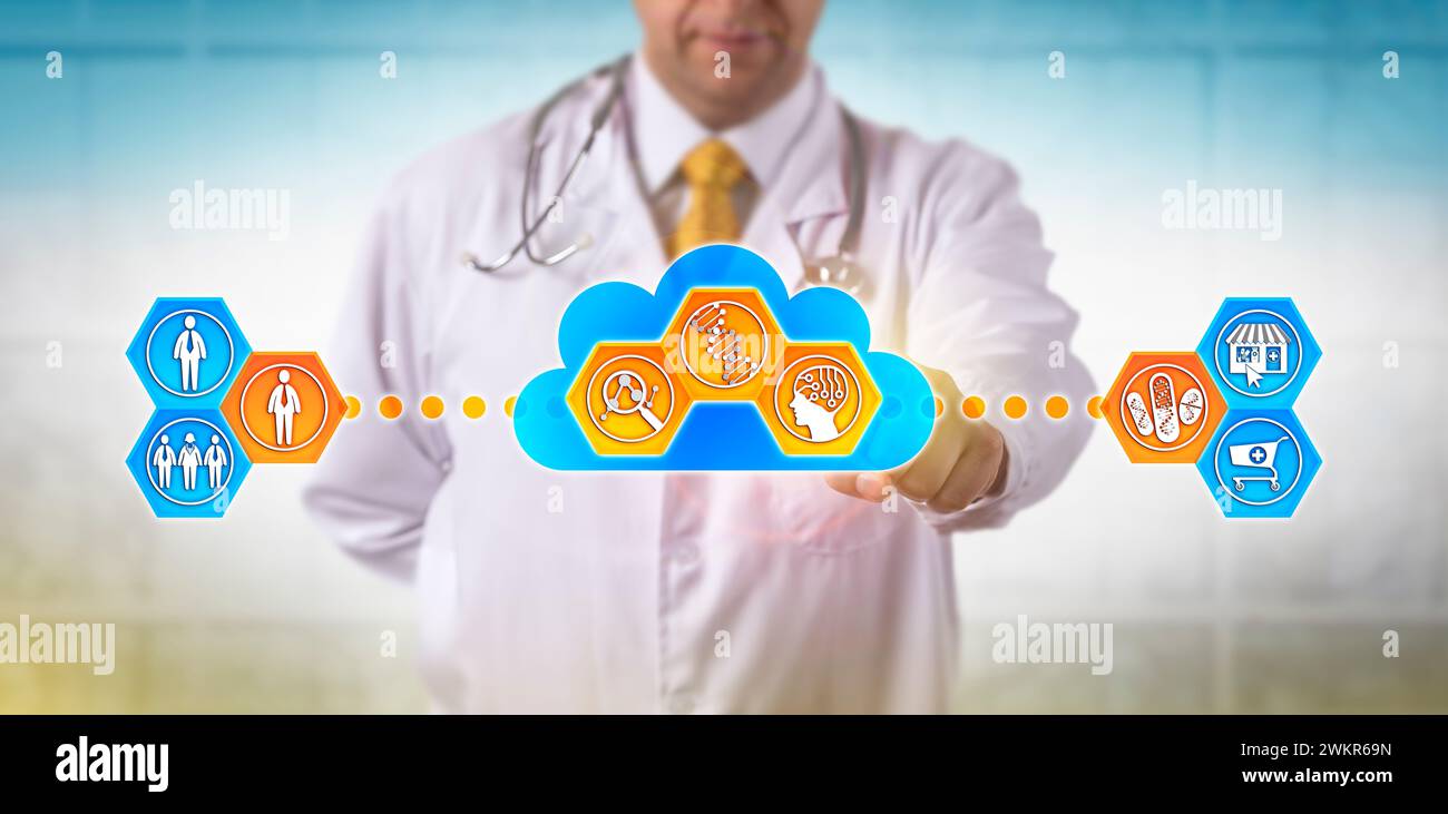 Nicht erkennbarer Arzt mit Cloud-basierter Software zur schnelleren Analyse genomischer Informationen, um über die medikamentöse Behandlung eines männlichen Patienten zu entscheiden. Konzept für Stockfoto