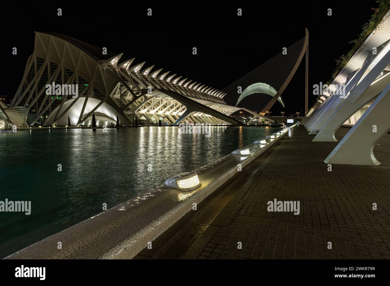 Beleuchteter Blick auf die Stadt der Künste und Wissenschaften mit modernem Design vor dem Nachthimmel Stockfoto