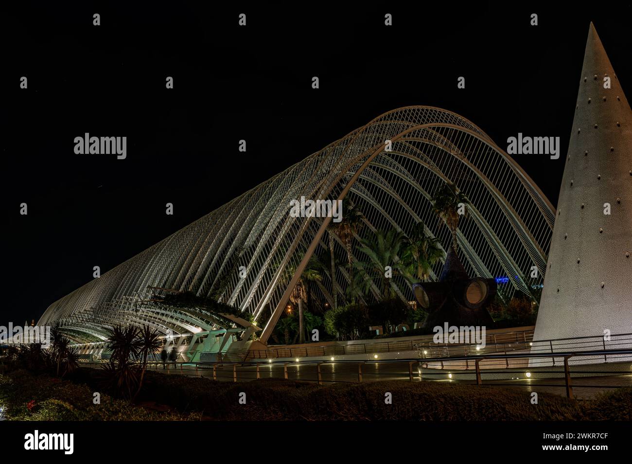 Beleuchteter Blick auf die Stadt der Künste und Wissenschaften mit modernem Design vor dem Nachthimmel Stockfoto