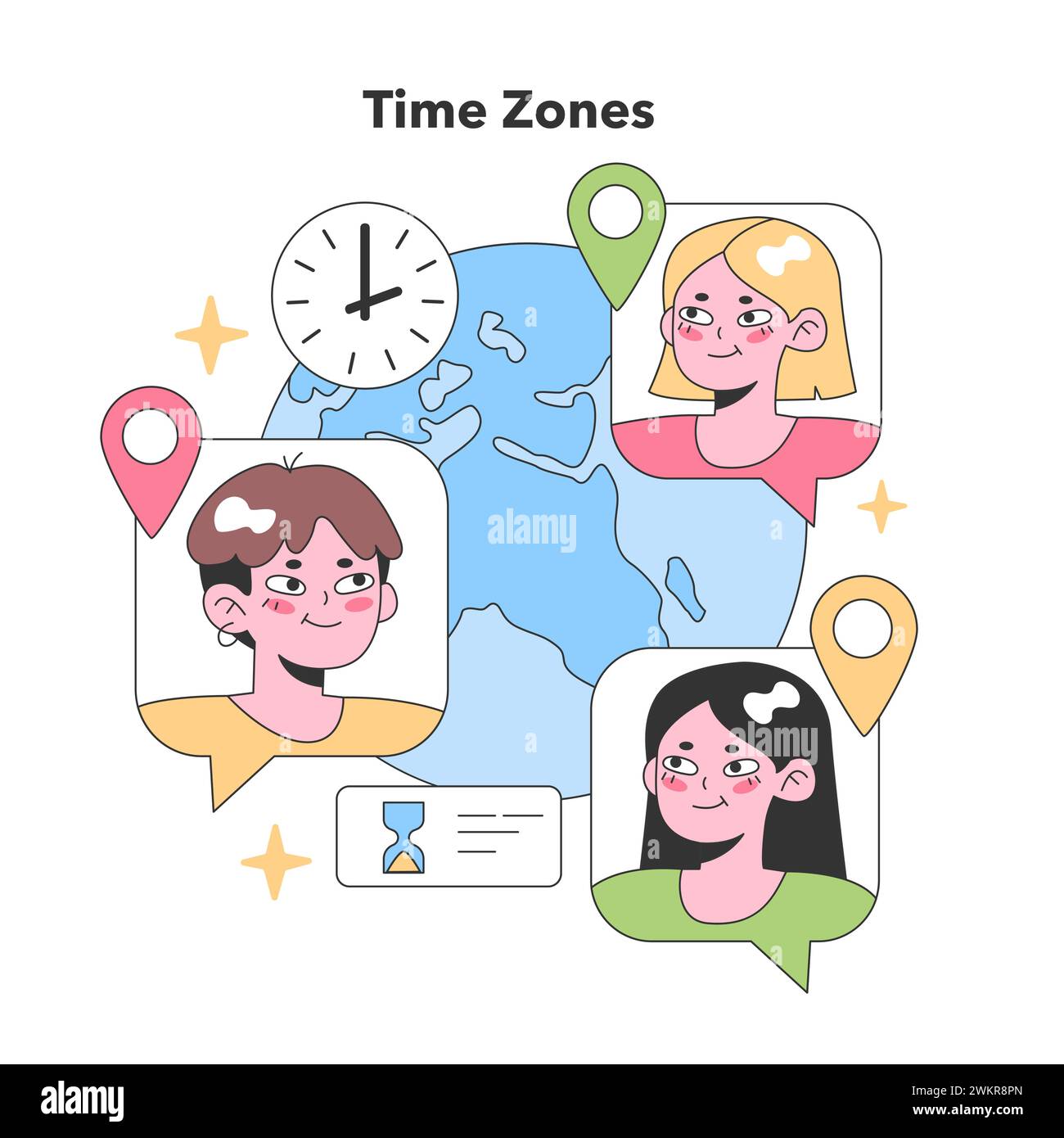 Globale Teamkollegen interagieren über Zeitzonen hinweg, hervorgehoben durch Karten-Pins und Uhren, und zeigen die weltweite virtuelle Zusammenarbeit. Illustration des flachen Vektors Stock Vektor