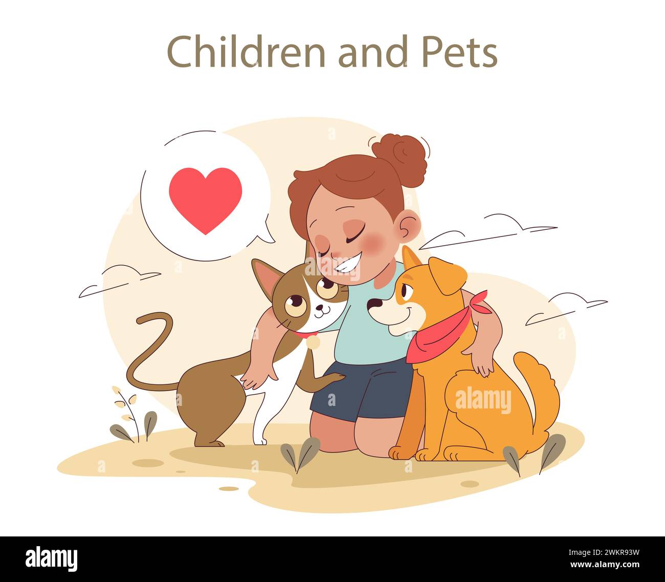 Kinder und Haustiere. Fröhliche Wechselwirkungen mit Haustieren. Liebe und Freundschaft zwischen einem Mädchen, ihrer Katze und ihrem Hund. Emotionale Bindung, Sorgfalt und Gesellschaft. Illustration des flachen Vektors Stock Vektor