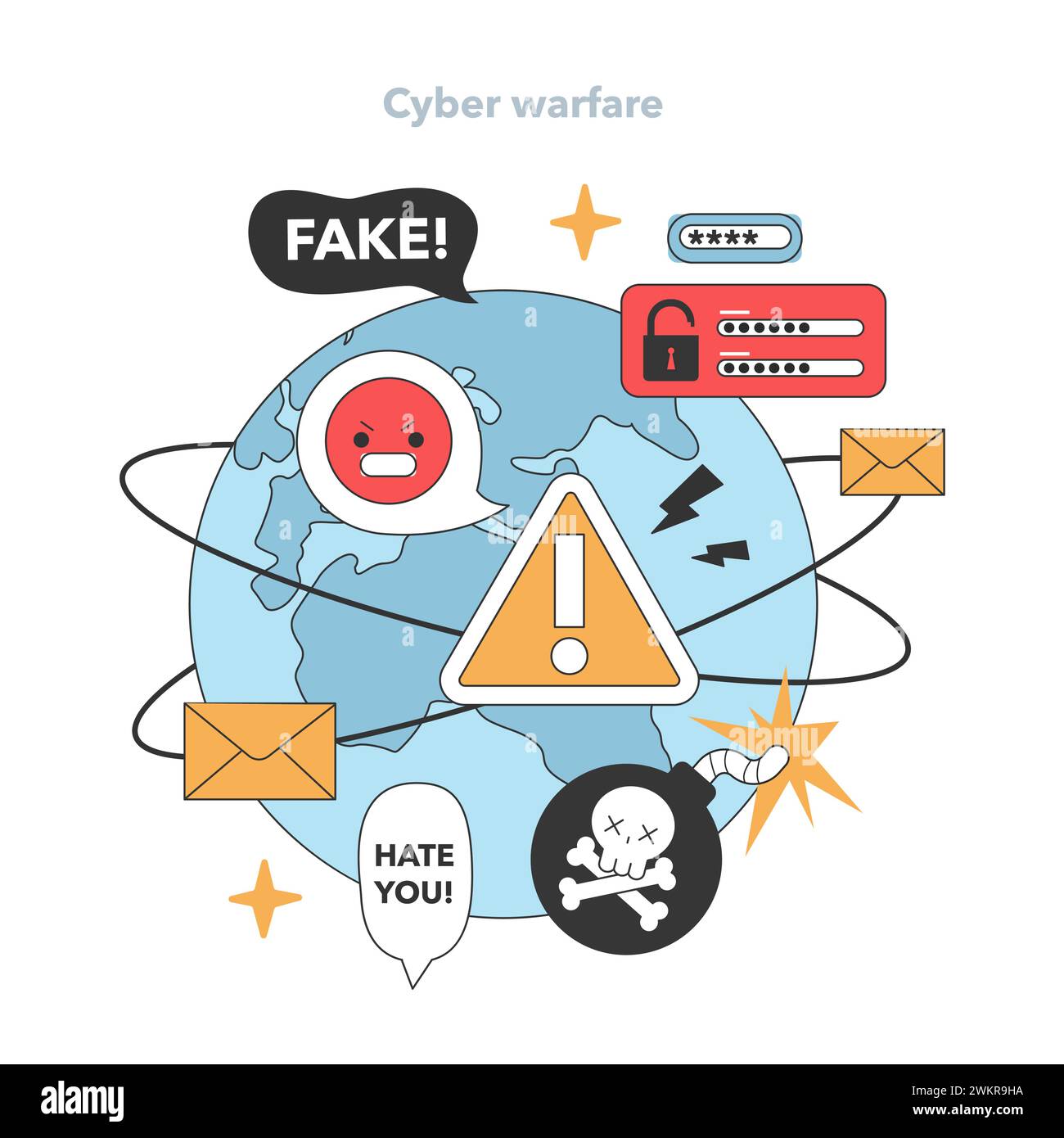 Der digitale Globus wird belagert: Wut, Hassbotschaften und Desinformation flackern auf, während der Cyberkrieg eskaliert und die Bedrohung durch Fake News auf globaler Ebene signalisiert. Illustration des flachen Vektors. Stock Vektor