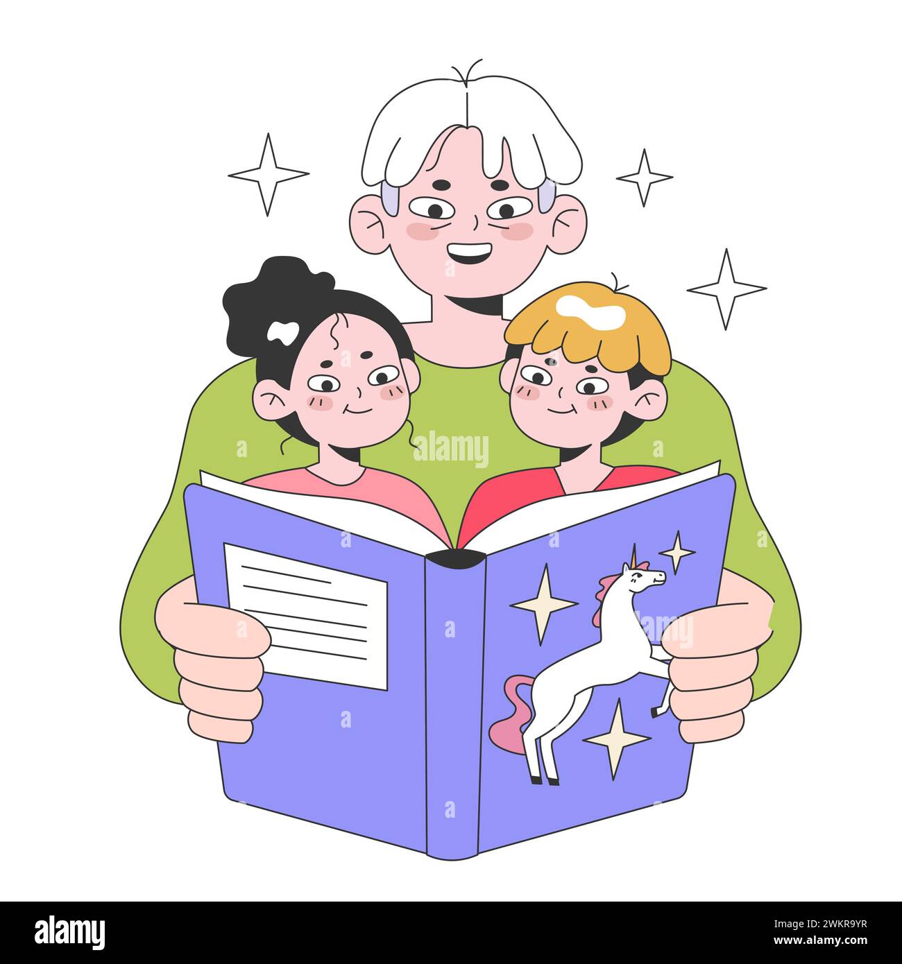 Großvater liest den Enkeln ein Buch. Charaktere, die ein Märchen lesen. Alt werden und Reifen, in den Ruhestand gehen und Zeit mit der Familie verbringen. Erfahrungen älterer Menschen. Illustration des flachen Vektors. Stock Vektor