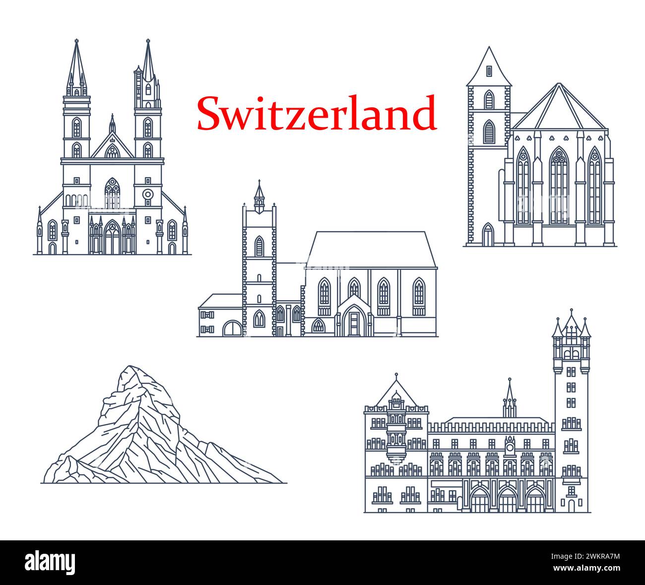 Schweiz Kirchen und Kathedralen, Architektur- und Reiseziele, Vektorbauten von Basel. Leonhardskirche, Rathaus oder Rathaus, St. Alban Tower, Basler Münster und Matterhorn Stock Vektor