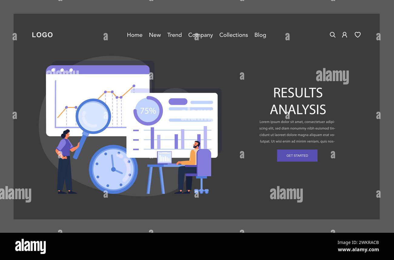 Ergebnisanalyse Web oder Landung. Experten prüfen die Projektergebnisse mithilfe der Datenvisualisierung und markieren so eine kritische Evaluierungsphase im Design Thinking-Prozess. Illustration des flachen Vektors Stock Vektor
