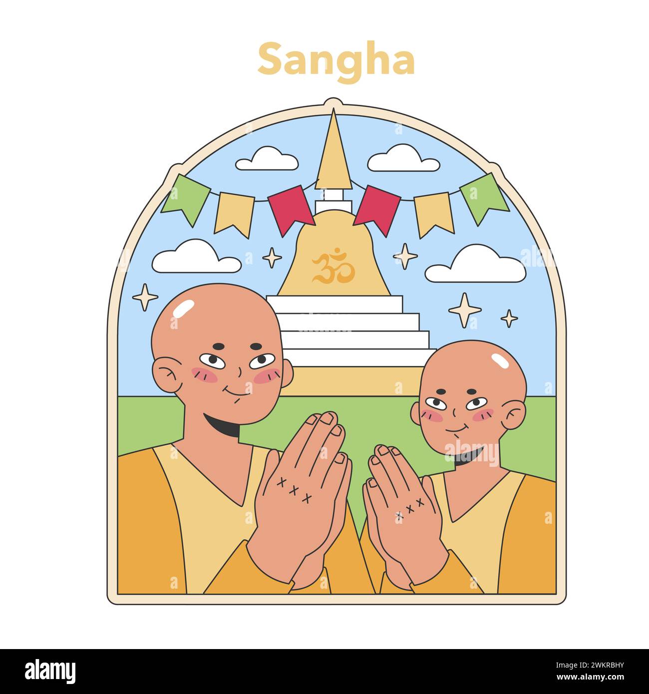 Sangha Community Illustration. Mönche im Gebet, vereint im Glauben und in der Tradition, unter der heiligen Stupa. Illustration des flachen Vektors Stock Vektor