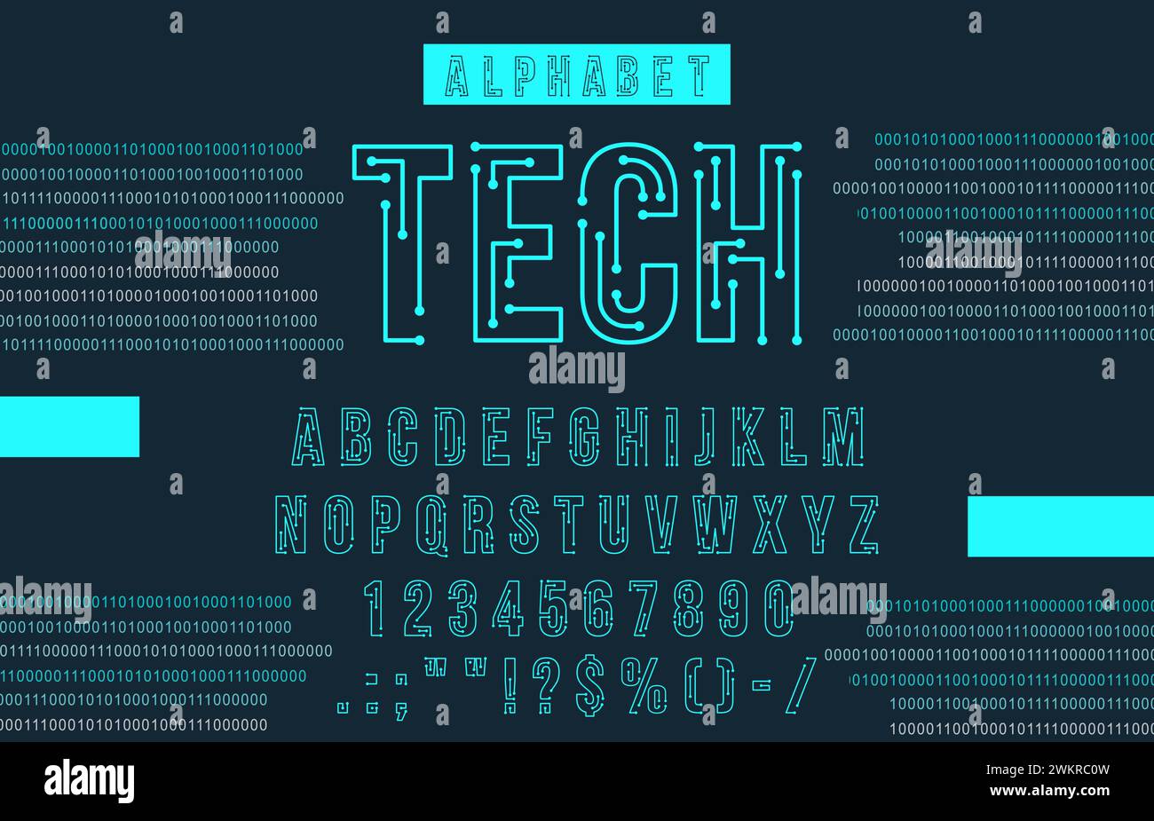 Futuristische Cyber-Tech-Schriftart, Neon-Schriftart, moderne Schrift, englische Computerbuchstaben, Ziffern und Satzzeichen. Vektorblau Chip Mikroschaltung glühende abc Großbuchstaben, elektrische Zeichen Stock Vektor