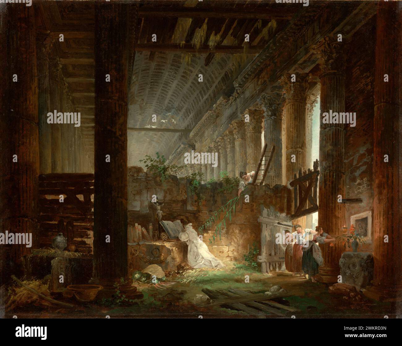 Ein Einsiedler betet in den Ruinen eines römischen Tempels; Hubert Robert (Französisch, 1733–1808); um 1760; Öl auf Leinwand; 57,8 x 70,5 cm (22 3/4 x 27 3/4 Zoll); 86.PA.605 Stockfoto