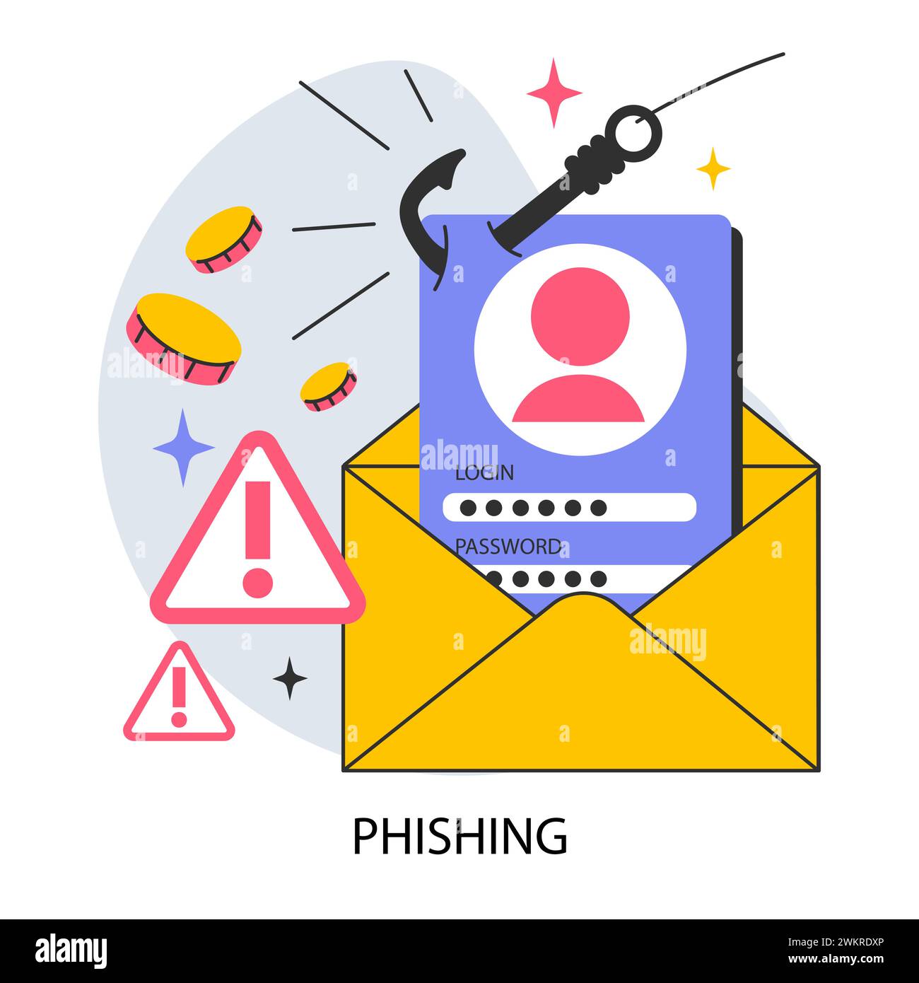 Technologie für Phishing-Datendiebstahl. Cyberangriffe, Hacker stehlen persönliche Daten und Geld von digitalen Geldbörsen, Geräten oder sozialen Netzwerken. Illustration des flachen Vektors Stock Vektor