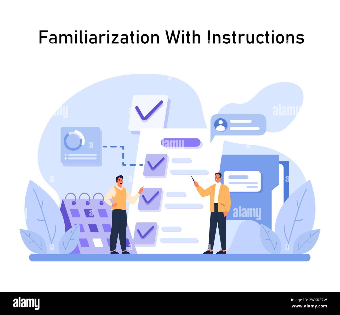 Einführung in das Konzept der Anweisungen. Mitarbeiter arbeiten mit einer Checkliste zusammen, um sicherzustellen, dass alle Aufgaben und Richtlinien bestätigt werden. Kalender- und Chat-Blasen betonen den Prozess. Flacher Vektor. Stock Vektor