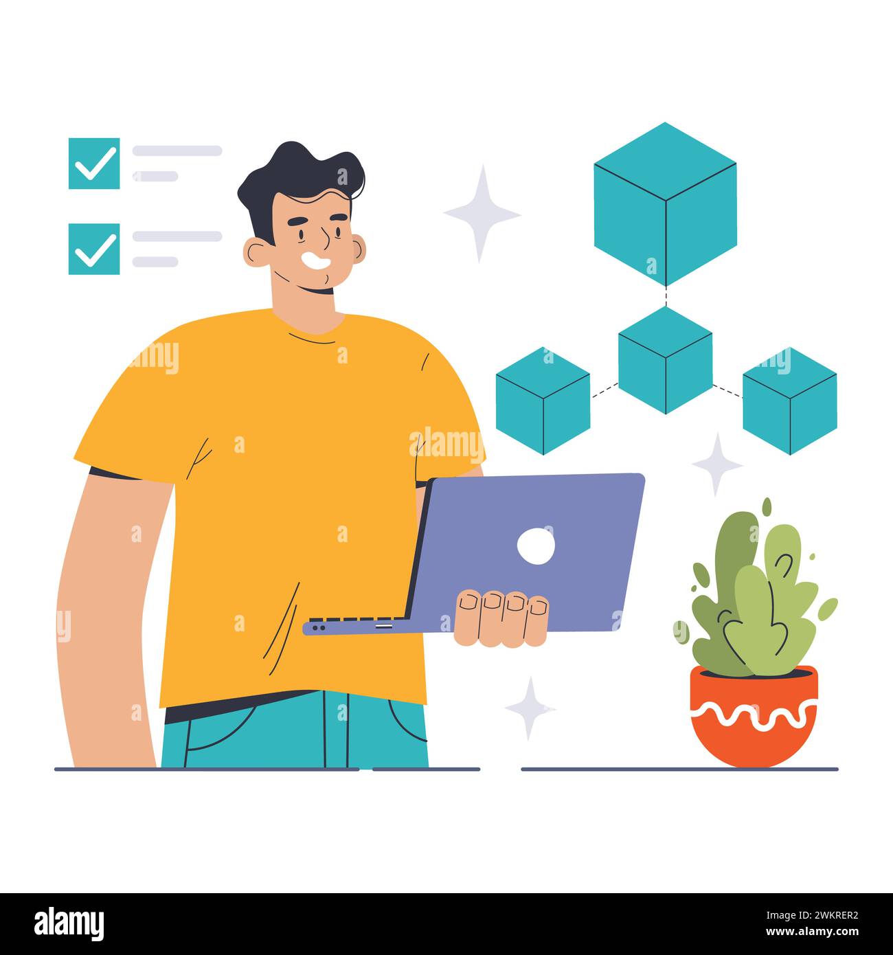 Konzept der Microservice-Architektur. Ein Entwickler orchestriert unabhängige Services für agile Anwendungsentwicklung. Modulares Design für einfache Fehlersuche und Updates. Illustration des flachen Vektors Stock Vektor