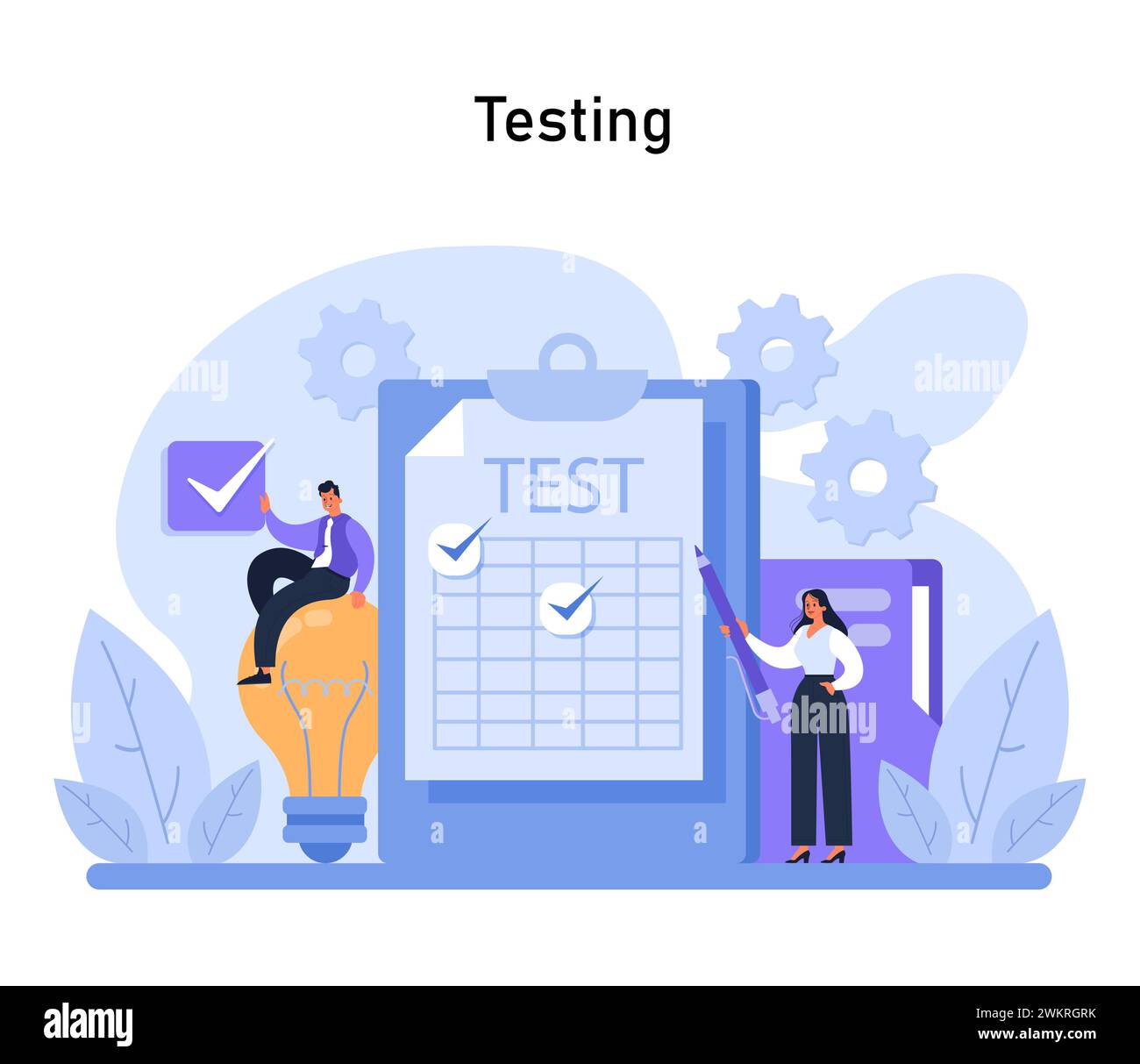 Testphase visuell. Experten bewerten ein Produkt streng und konzentrieren sich dabei auf Qualitätssicherung und Benutzerzufriedenheit im Rahmen des Design Thinking Framework. Illustration des flachen Vektors Stock Vektor