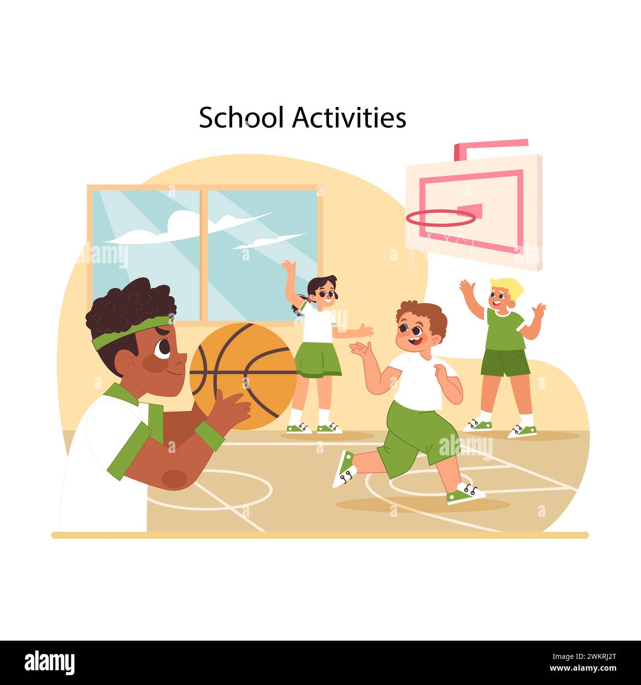 Schulaktivitäten Konzept. Kinder, die nach dem Unterricht an Sportspielen teilnehmen. Die lebendige Energie der Schüler, die am Basketball teilnehmen, zeigt den Geist des Schulsports. Illustration des flachen Vektors Stock Vektor