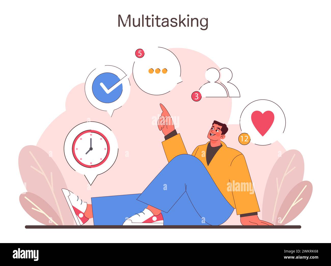 Multitasking-Konzept. Gelegenheitsmann managen mühelos Zeit, soziale Interaktion und persönliche Ziele. Einfaches und effizientes Arbeiten. Illustration des flachen Vektors Stock Vektor