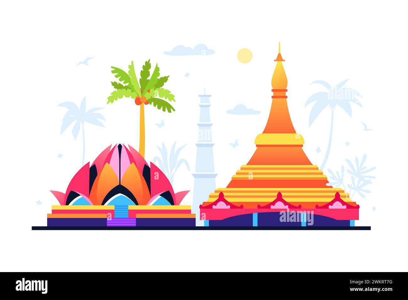 Lotus-Tempel und Vipassana-Pagode - moderne farbige Vektor-Illustration Stock Vektor