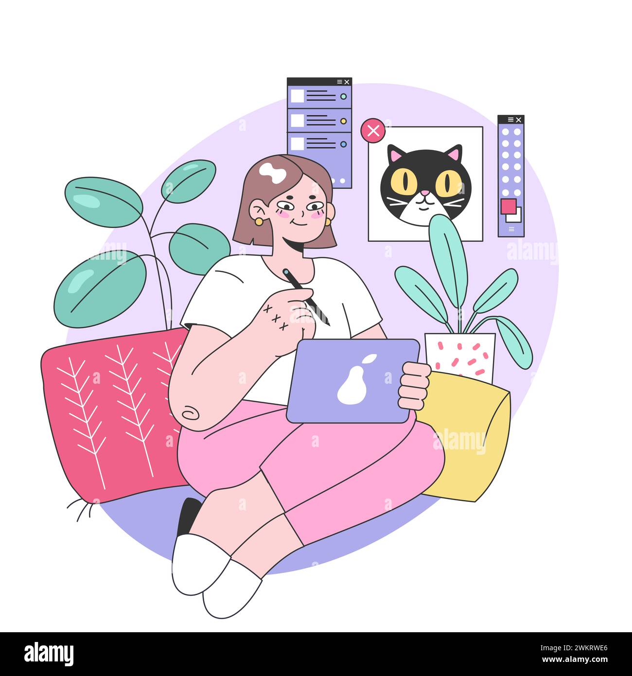 Konzept für digitale Kunstbegeisterte. Eine kreative Frau, die auf ihrem Tablet skizziert, umgeben von Designwerkzeugen und einem skurrilen Katzenfenster. An ihrem Passionsprojekt in einer lebhaften Ecke beteiligt. Vektorabbildung Stock Vektor