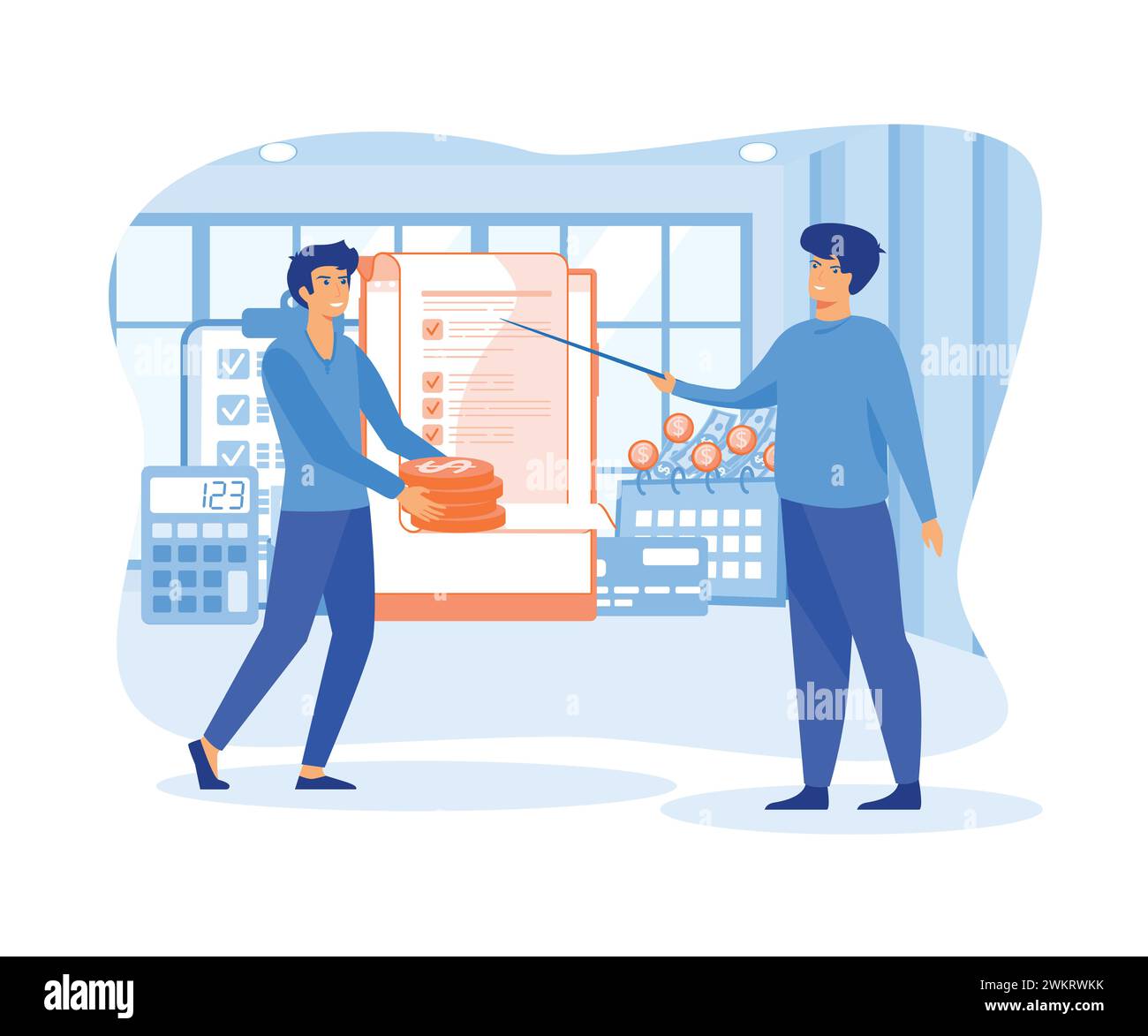 Gehaltseinkommen - Konzept. Jährliche Bonuszahlung. Papierzahlung, Taschenrechner und Vorlage für Web-Landing-Page. Moderne Illustration des flachen Vektors Stock Vektor