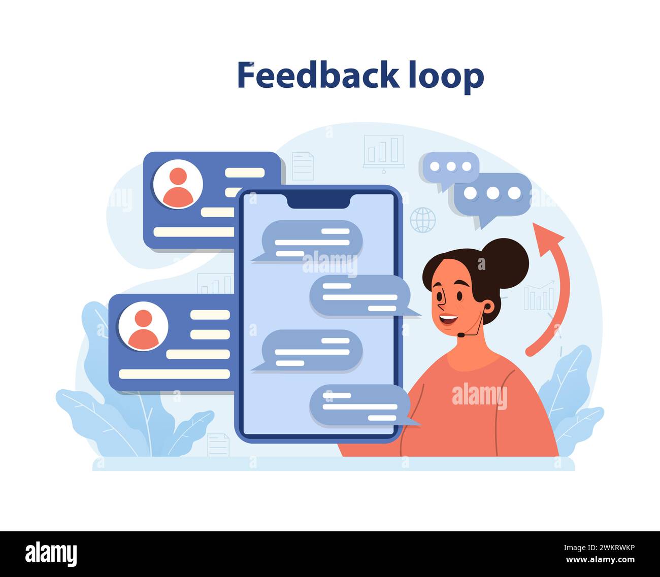 Eine selbstbewusste Frau verwaltet eine interaktive Feedbackschleife auf ihrem digitalen Gerät, wodurch die Kommunikation verbessert und die Benutzererfahrung verbessert wird. Kontinuierlicher Verbesserungszyklus. Illustration des flachen Vektors. Stock Vektor