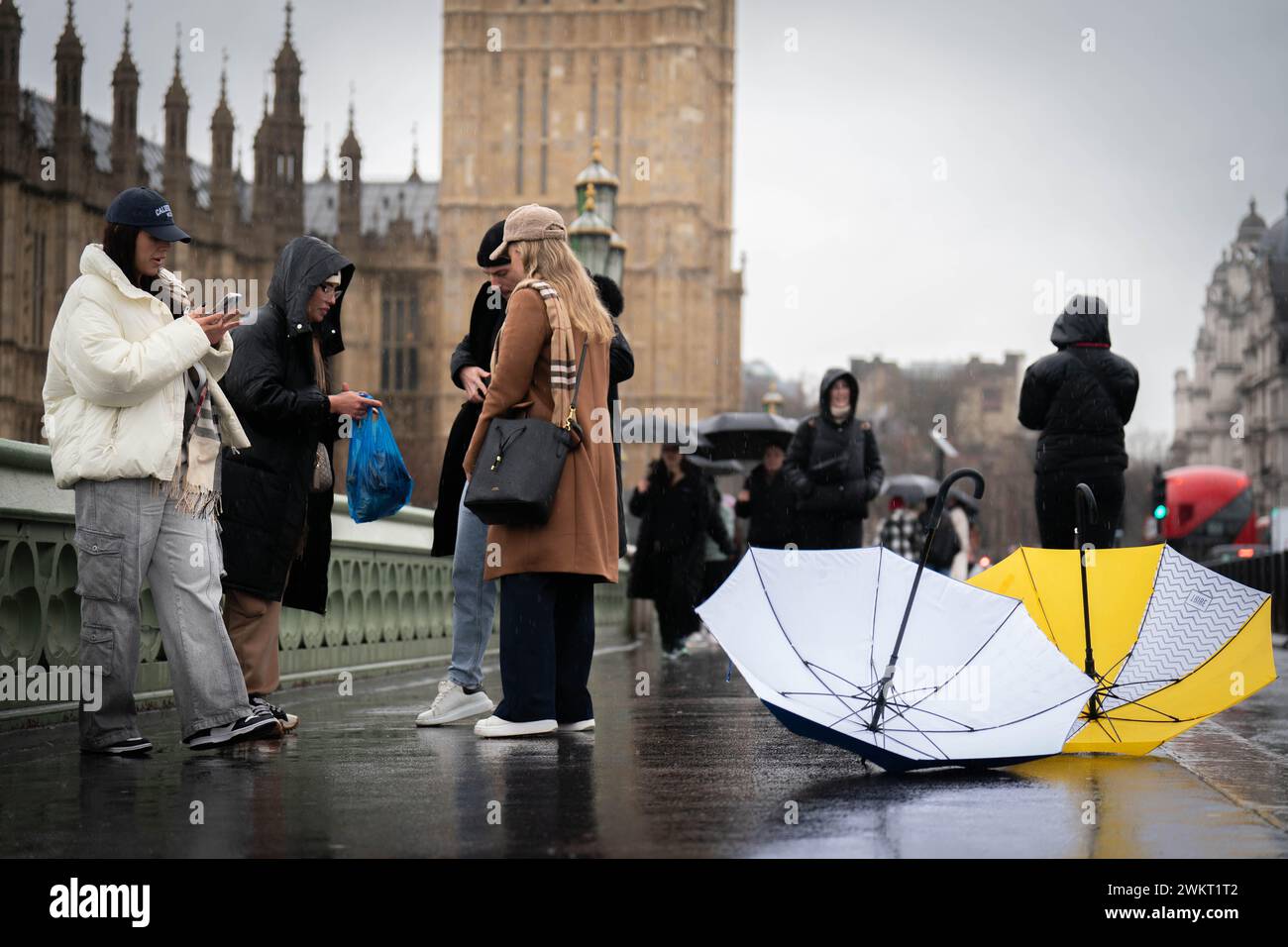 Leute auf der Westminster Bridge, im Zentrum von London im Regen. Bilddatum: Donnerstag, 22. Februar 2024. Stockfoto