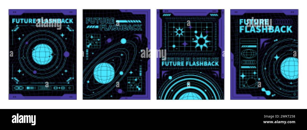 Design-Vorlage für Raumposter im trendigen y2k-Stil mit saurem Gittermuster und Planetenaufkleber in Neonblau auf schwarzem Hintergrund. Vektorsatz von 2000s Stock Vektor