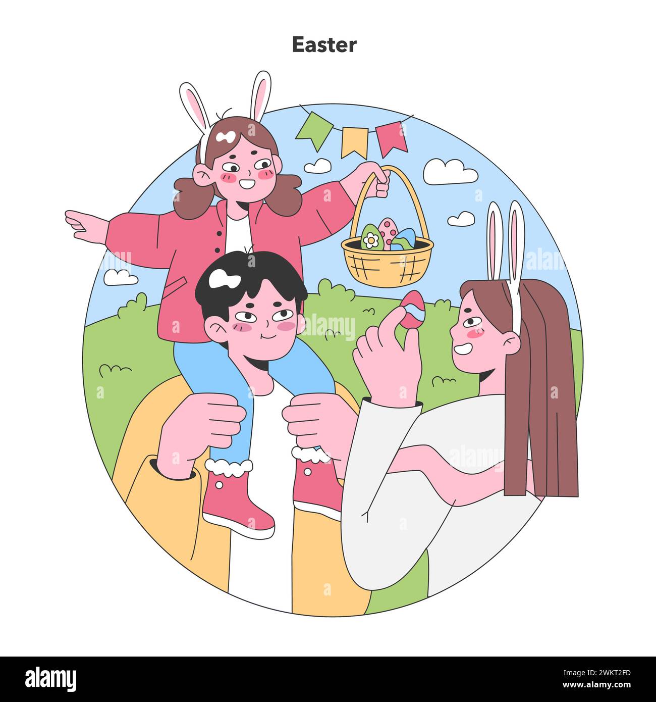 Osterfeier. Die Familie genießt eine sonnige Eierjagd, mit Kindern, die Hasenohren tragen und Schokoladengerichte teilen. Illustration des flachen Vektors Stock Vektor