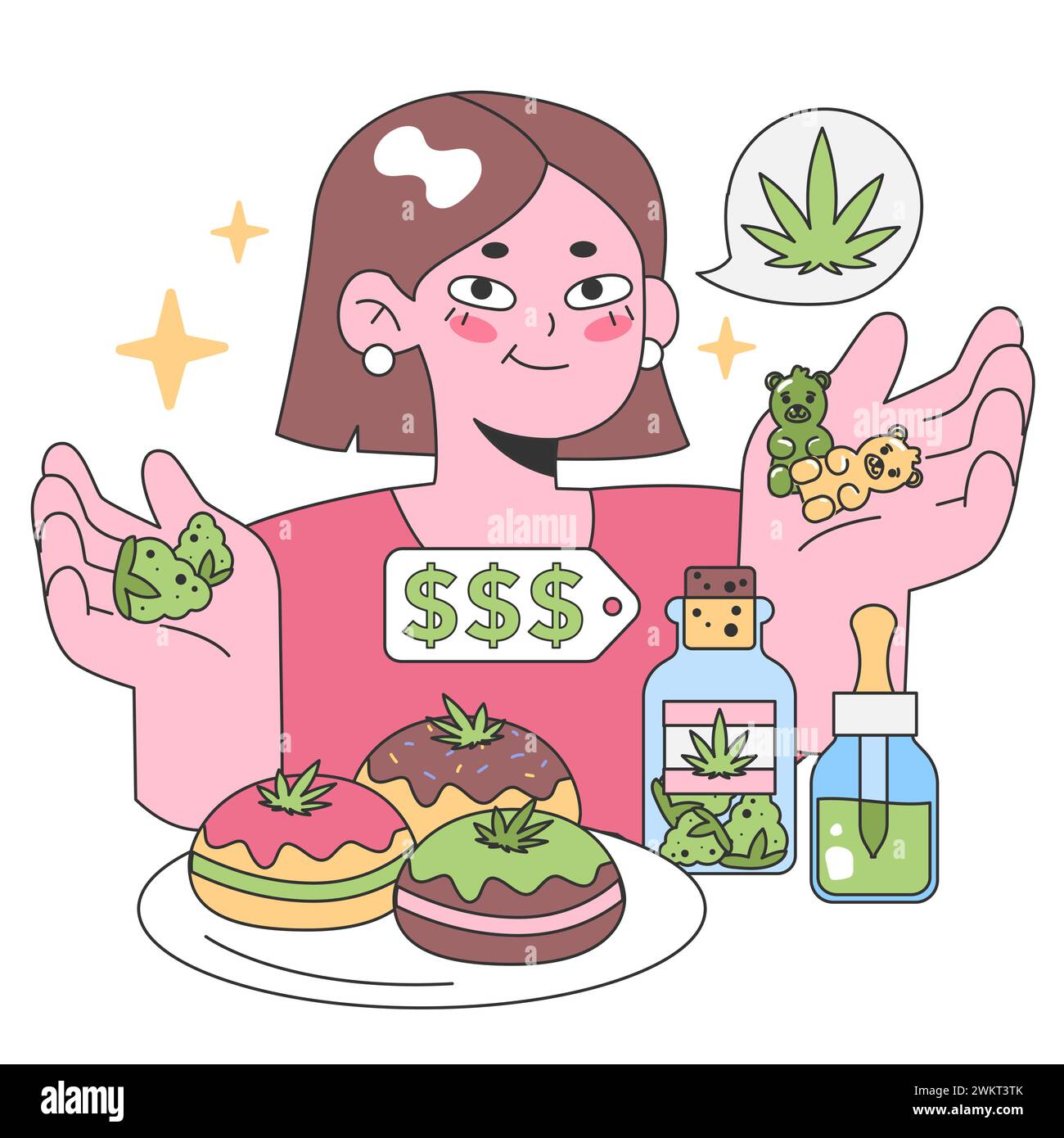 Junge Frau, die Cannabis-Köstlichkeiten erforscht. Bietet Platz für Gummibären, bietet mit THC angereichertes Gebäck, CBD-Öle und visualisiertes Blatt. Cannabiskonsum. Illustration des flachen Vektors. Stock Vektor