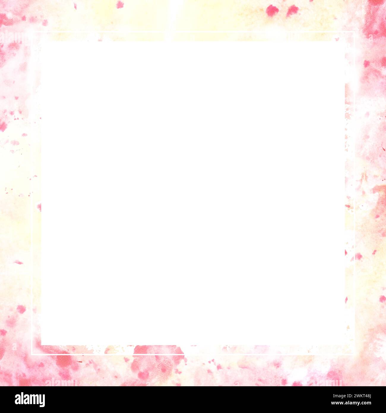 Abstrakte Rahmenschablone mit Aquarellfarbe Rosa Gelb und rosa Flecken spritzt handgemalte Illustration auf weißem Hintergrund. Design-Basis für Hochzeiten in Stockfoto