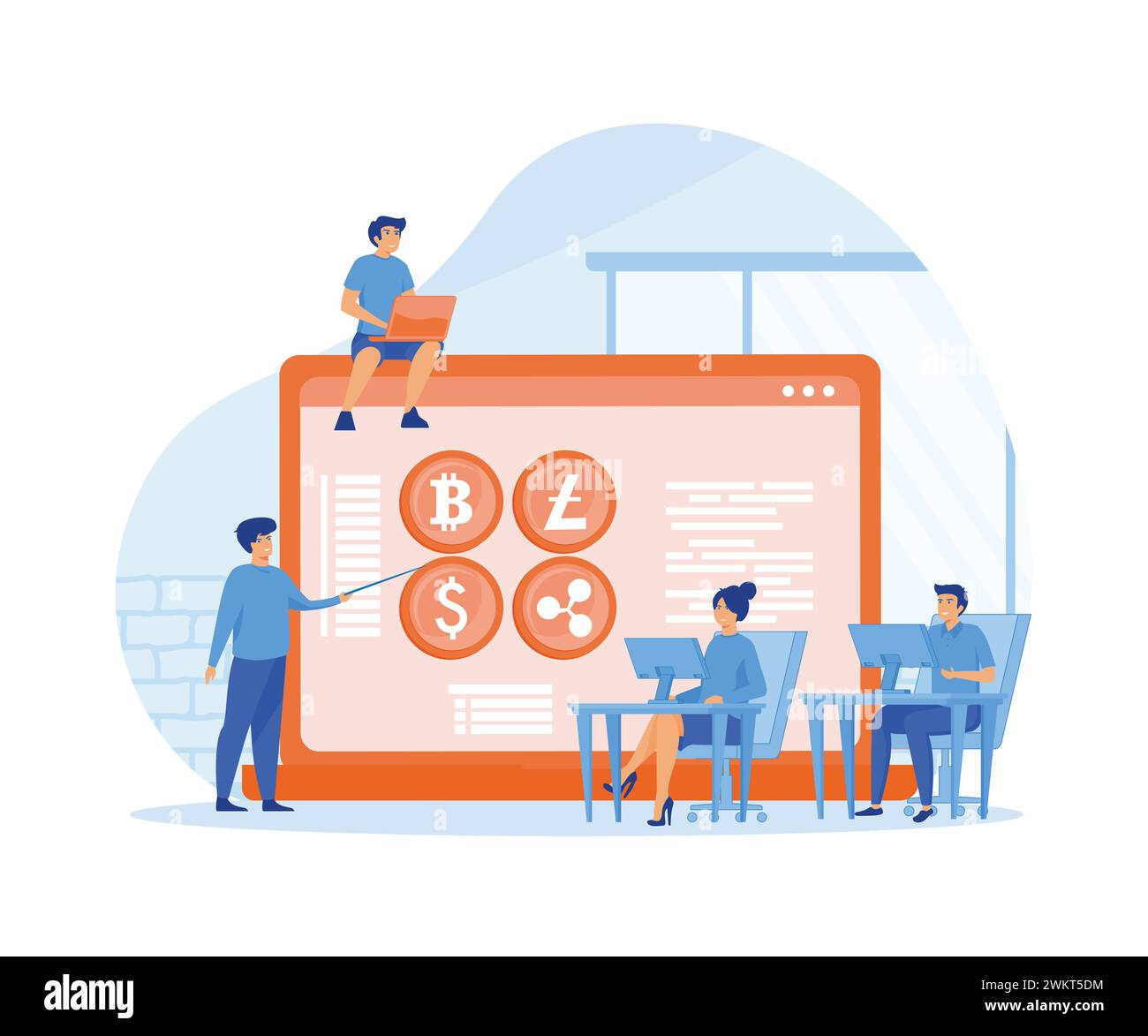 Winzige Leute, die an einer Handelsschule oder einer Akademie lernen. Bildung von Finanzkompetenz. Moderne Illustration des flachen Vektors Stock Vektor