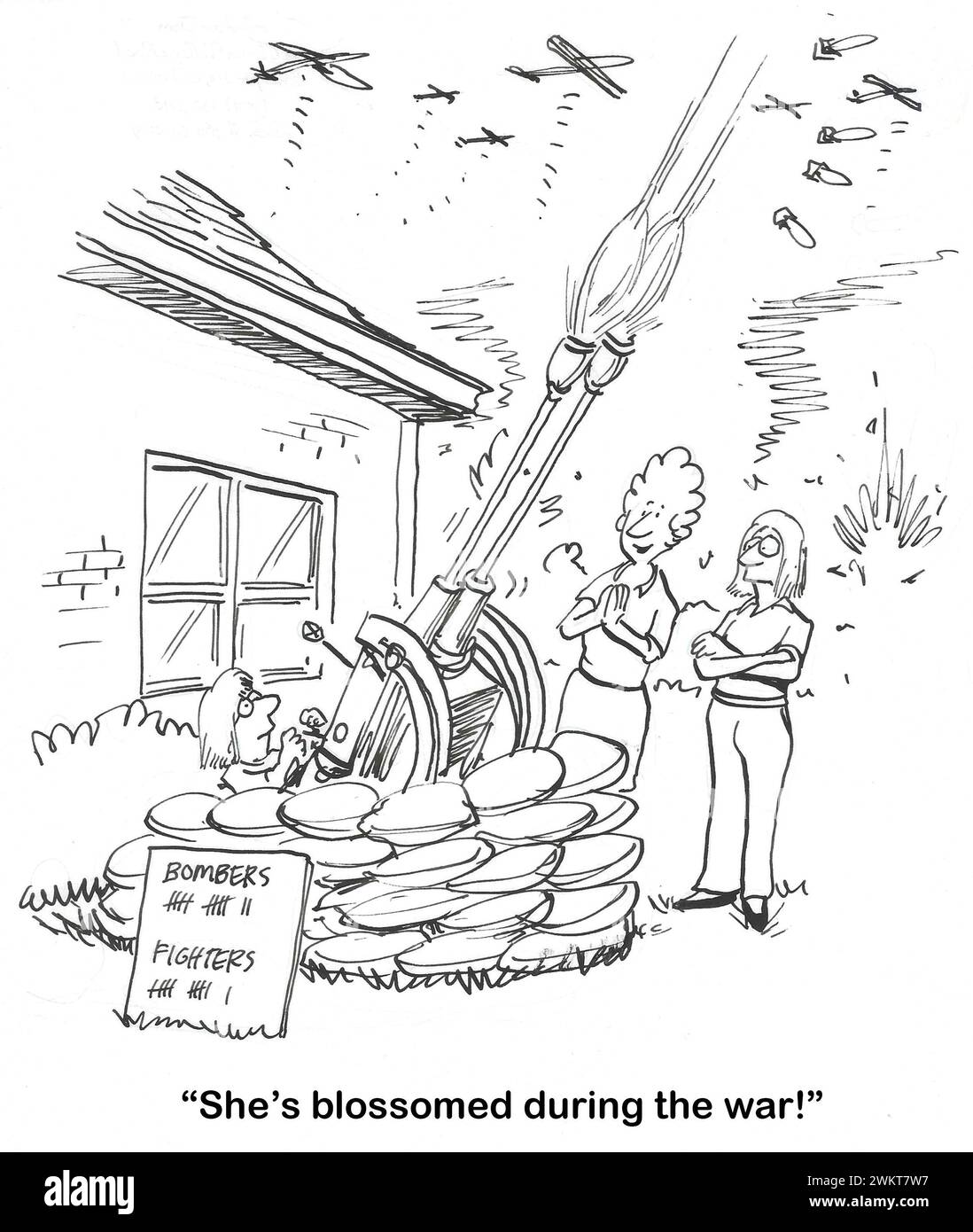 BW-Cartoon eines jungen Mädchens, das eine Luftkanone auf die Flugzeuge darüber schießt. Das lernte sie während des vorherigen Krieges. Stockfoto