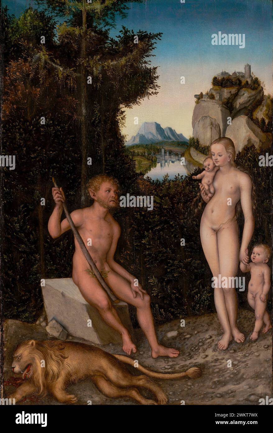 Ein Faun und seine Familie mit einem getöteten Löwen; Lucas Cranach der ältere (deutsch, 1472–1553); ca. 1526; Öl auf Platte; 82,9 x 56,2 cm (32 5/8 x 22 1/8 Zoll); 2003,100 Stockfoto