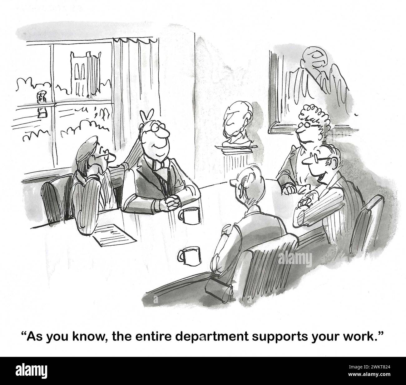 BW-Cartoon eines Treffens. Ein Vorgesetzter sagt einem Vorgesetzten, dass der Vorgesetzte Unterstützung leistet, aber er sagt nicht die Wahrheit. Stockfoto