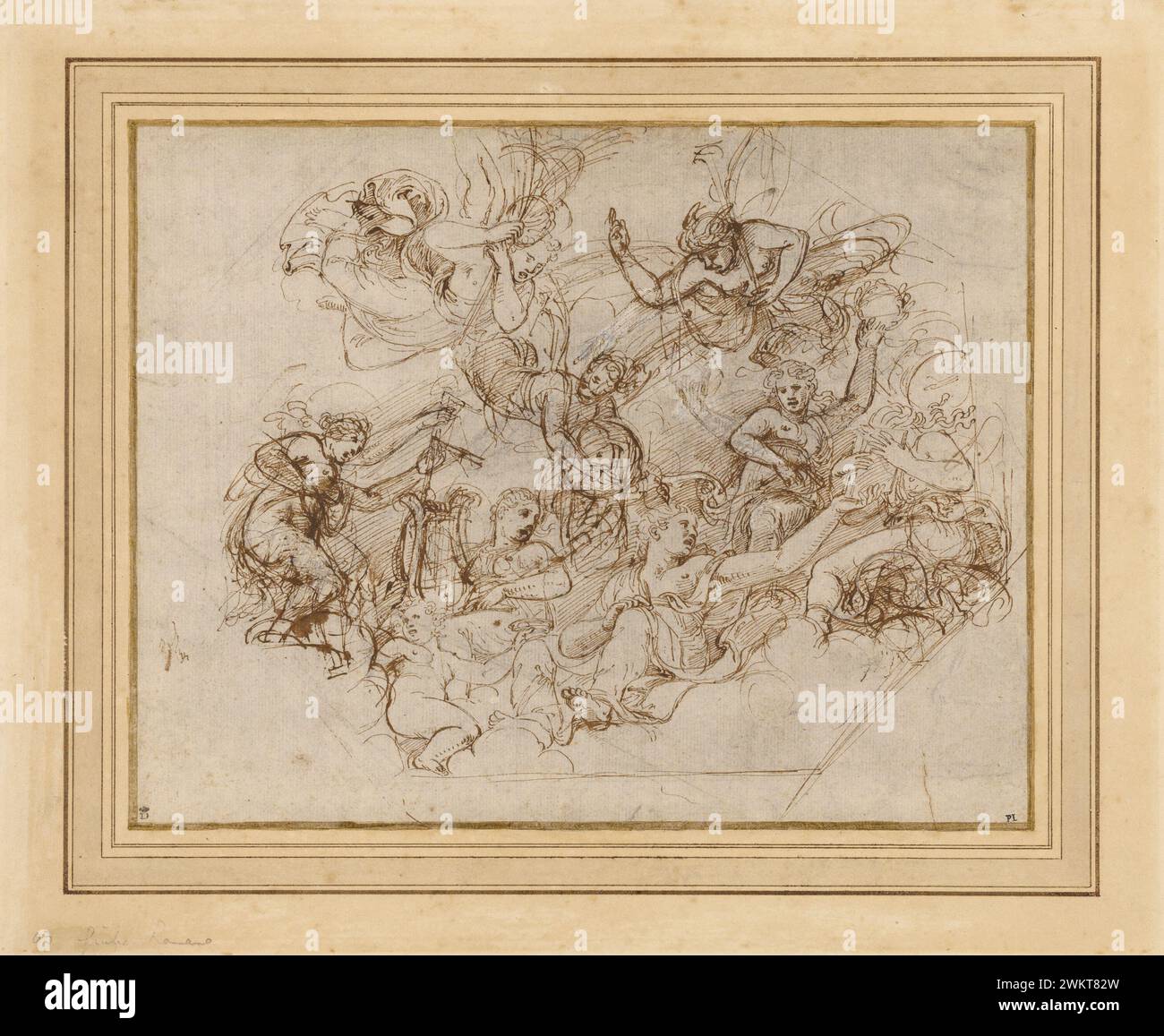 Eine Allegorie der Tugenden von Federico II Gonzaga; Giulio Romano (Giulio Pippi) (Italienisch, vor 1499–1546); um 1530; Stift und braune Tinte mit schwarzer Kreide und weißer Gouache für Korrekturen; 24,9 x 31,8 cm (9 13/16 x 12 1/2 Zoll); 84.GA.648 Stockfoto