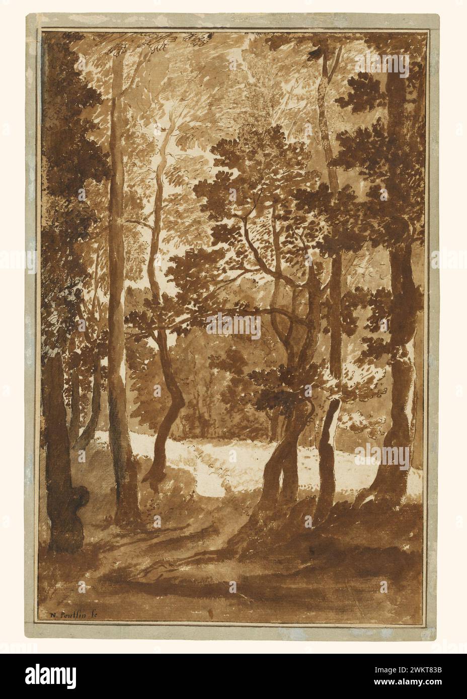 Ein Weg, der in eine Waldlichtung führt; Nicolas Poussin (Französisch, 1594 - 1665); Frankreich; ca. 1635 - 1640; Stift und braune Tinte und braune Waschung; 38,6 x 24,6 cm (15 3/16 x 9 11/16 Zoll); 96.GA.24 Stockfoto