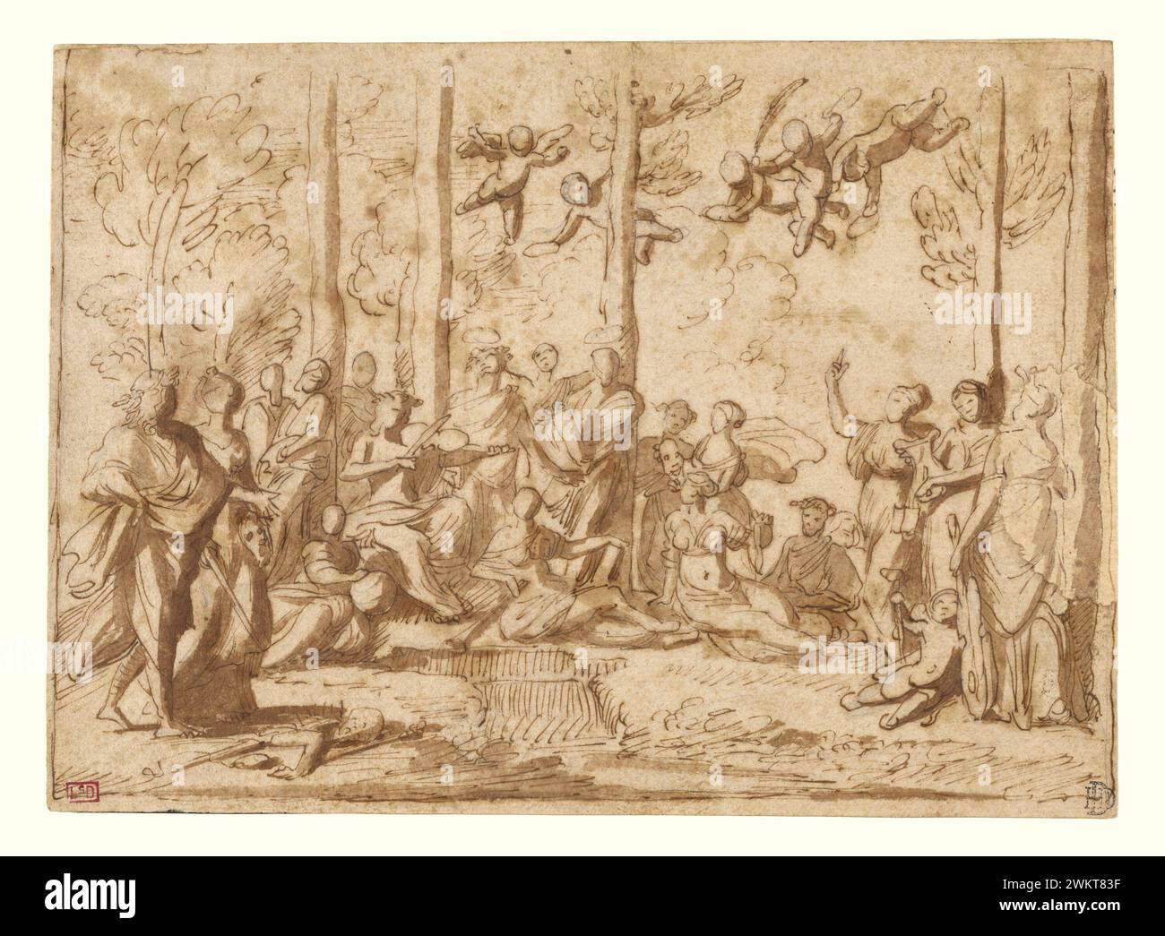 Apollo und die Musen auf dem Parnassus; Nicolas Poussin (Französisch, 1594 - 1665); Frankreich; ca. 1626 - 1628 oder 1631; Stift und braune Tinte, Pinsel mit brauner Waschung; kleiner, unregelmäßiger Abschnitt am rechten Rand hinzugefügt; 17,6 x 24,6 cm (6 15/16 x 9 11/16 Zoll); 83.GG.345 Stockfoto