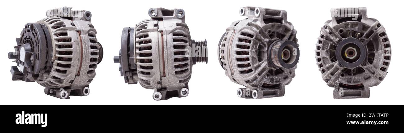 Collage eines Autogenerators von allen Seiten, ein Element eines Autostromnetzes auf weißem Hintergrund, Nahdetails des Generators. Ersatzautomatik Stockfoto