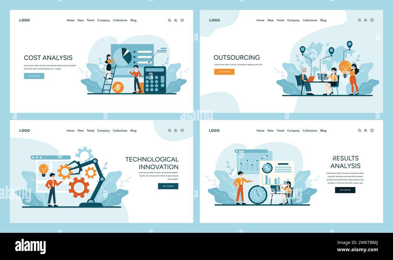 Dynamisches Web-Banner-Set, das die wichtigsten Aspekte der Kostenoptimierung veranschaulicht: Sorgfältige Kostenanalyse, globale Outsourcing-Vorteile, technologische Innovation und Ergebnisanalyse. Illustration des flachen Vektors Stock Vektor