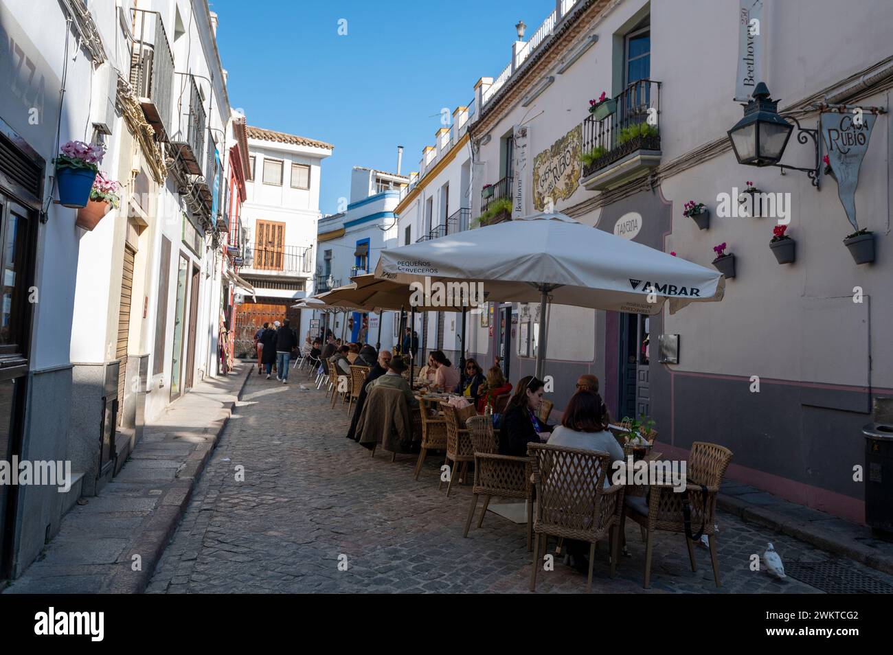 Eine Outdoor-Restaurantszene in der Nähe der Puerta de Almodovar (Almodovar Tor) im alten jüdischen Viertel der historischen Stadt Cordoba in Andalusien, Süden Stockfoto