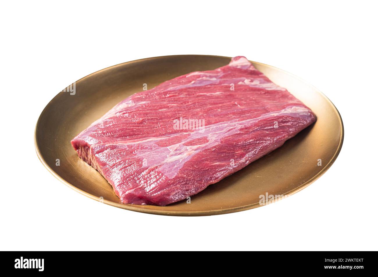 Rohes Flankenrindfleisch, marmoriertes Fleischsteak auf dem Metzgertisch. Isoliert auf weißem Hintergrund Stockfoto