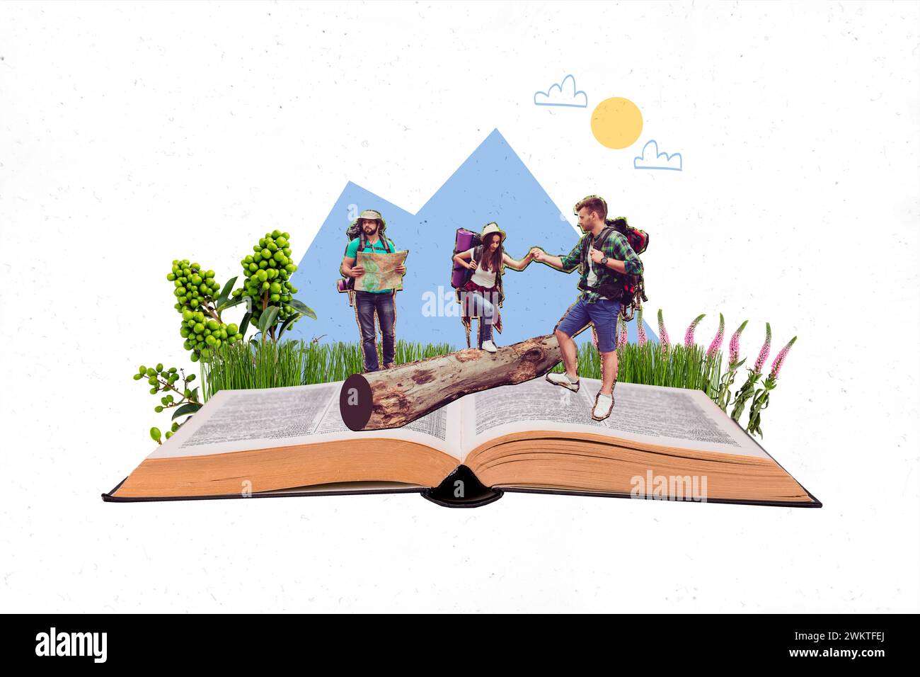Composite Collage Bild von großen Buch lesen Abenteuer Genre Reisende Natur Entdeckungsschüler ungewöhnliche Fantasy Plakatkomics Stockfoto