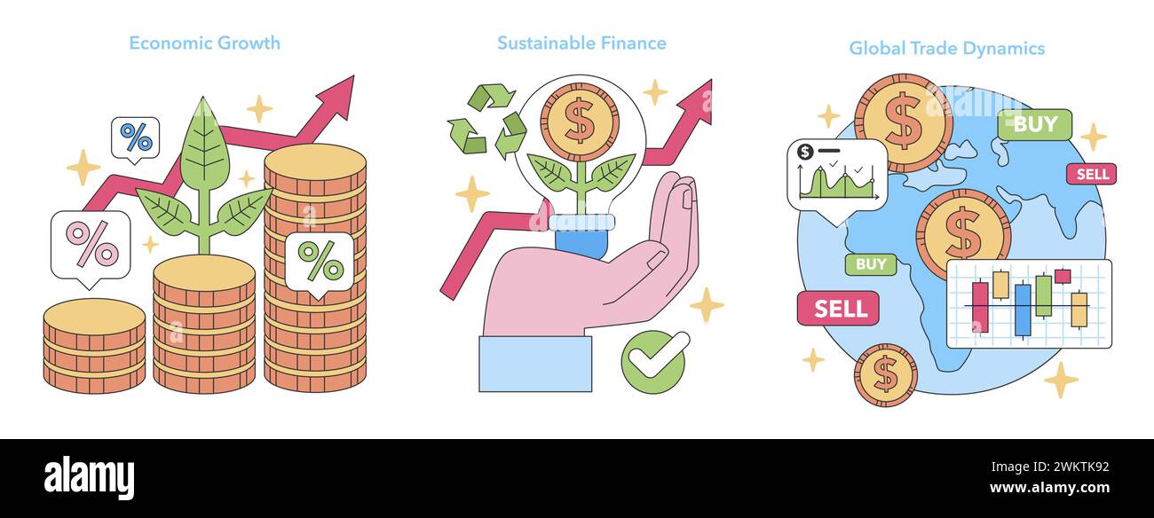 Finanzvisionen festgelegt. Zeigt Wirtschaftswachstum, nachhaltige Finanzen und Welthandel. Vernetzung von Geld, Umwelt und Märkten. Illustration des flachen Vektors. Stock Vektor