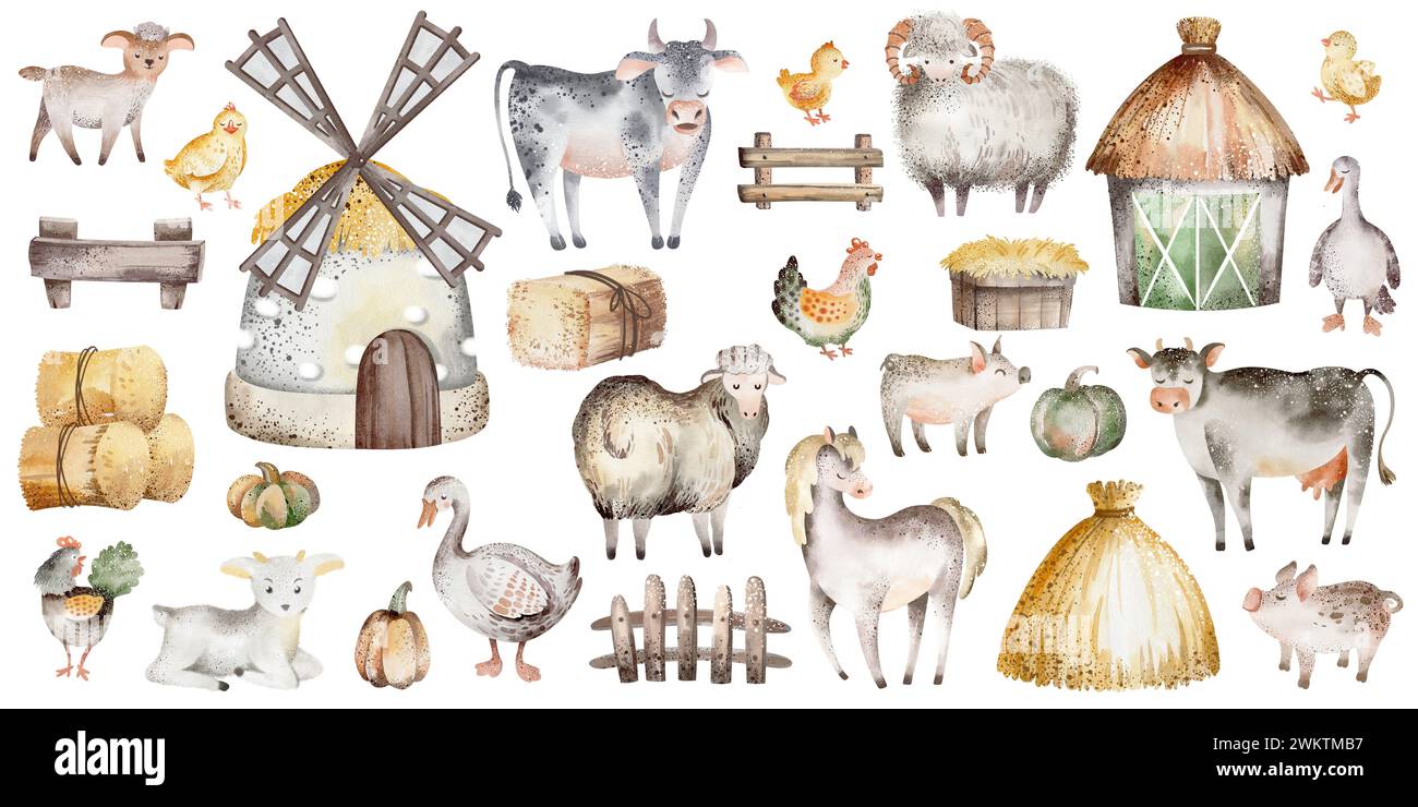 Aquarellset von Nutztieren. Illustration eines niedlichen Hofes. Cartoon Pferd, Kuh und Gans auf einem isolierten Hintergrund. Stockfoto