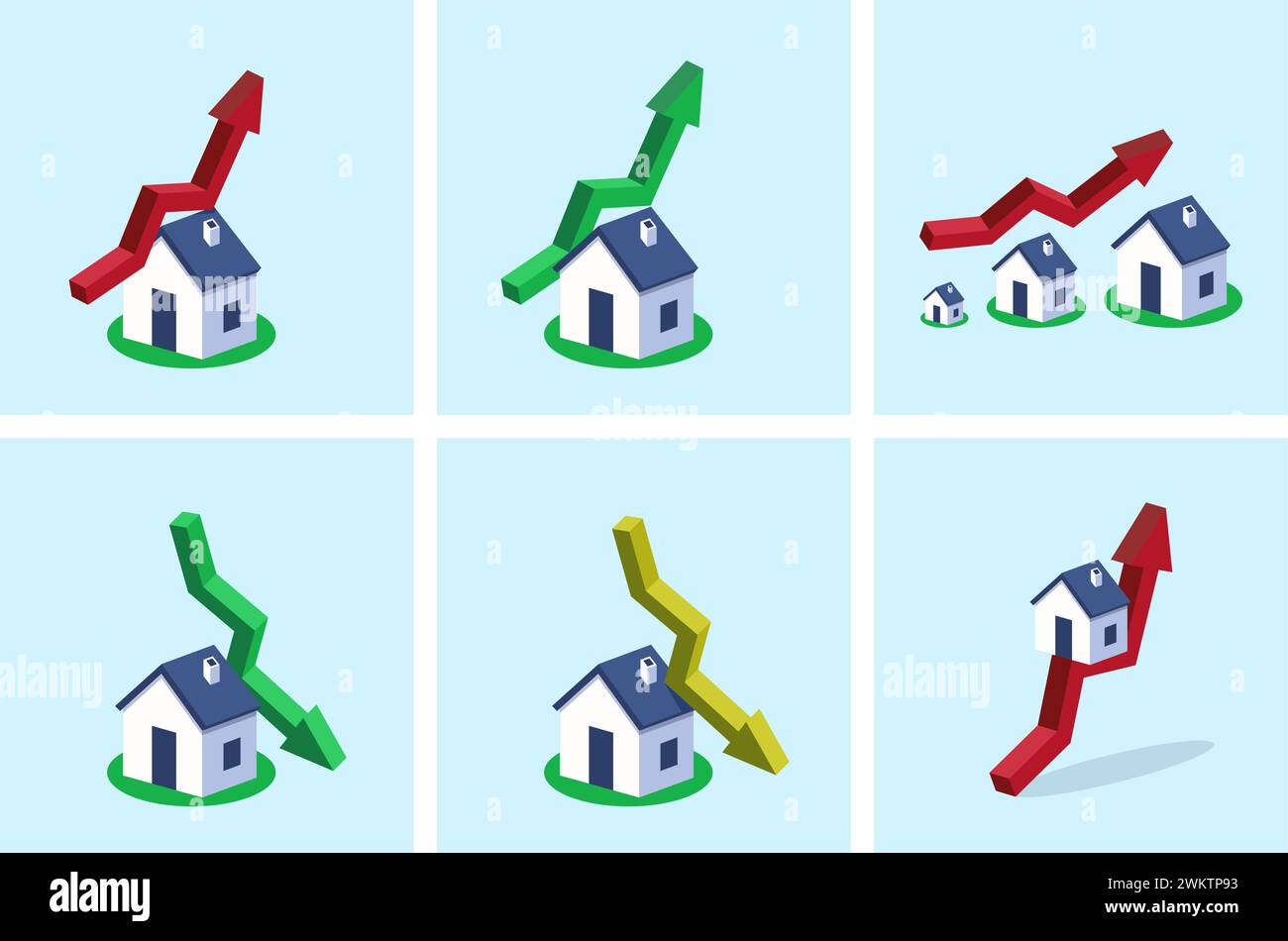 Vektorisometrische Häuser mit Pfeilen nach oben und unten. Steigende und niedrigere Immobilienpreise, Konzept für Immobilienwachstum oder Immobilienwachstum. Hauswert, Hauswert an Stock Vektor