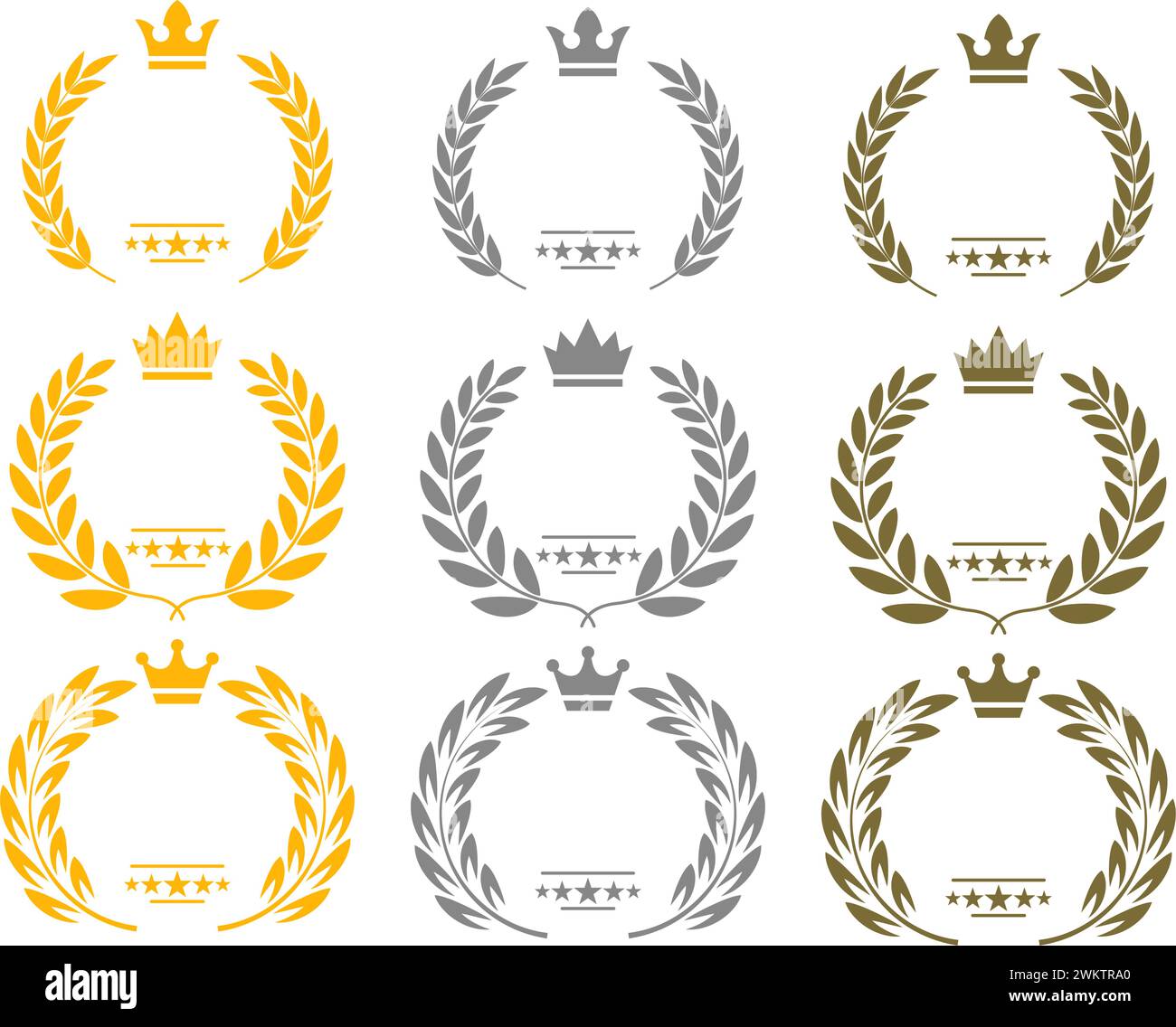 Vektor-Logo mit Krone und Lorbeerkranz. Star-Ranking- und Award-Symbole. Gold, Silber und Bronze Stock Vektor