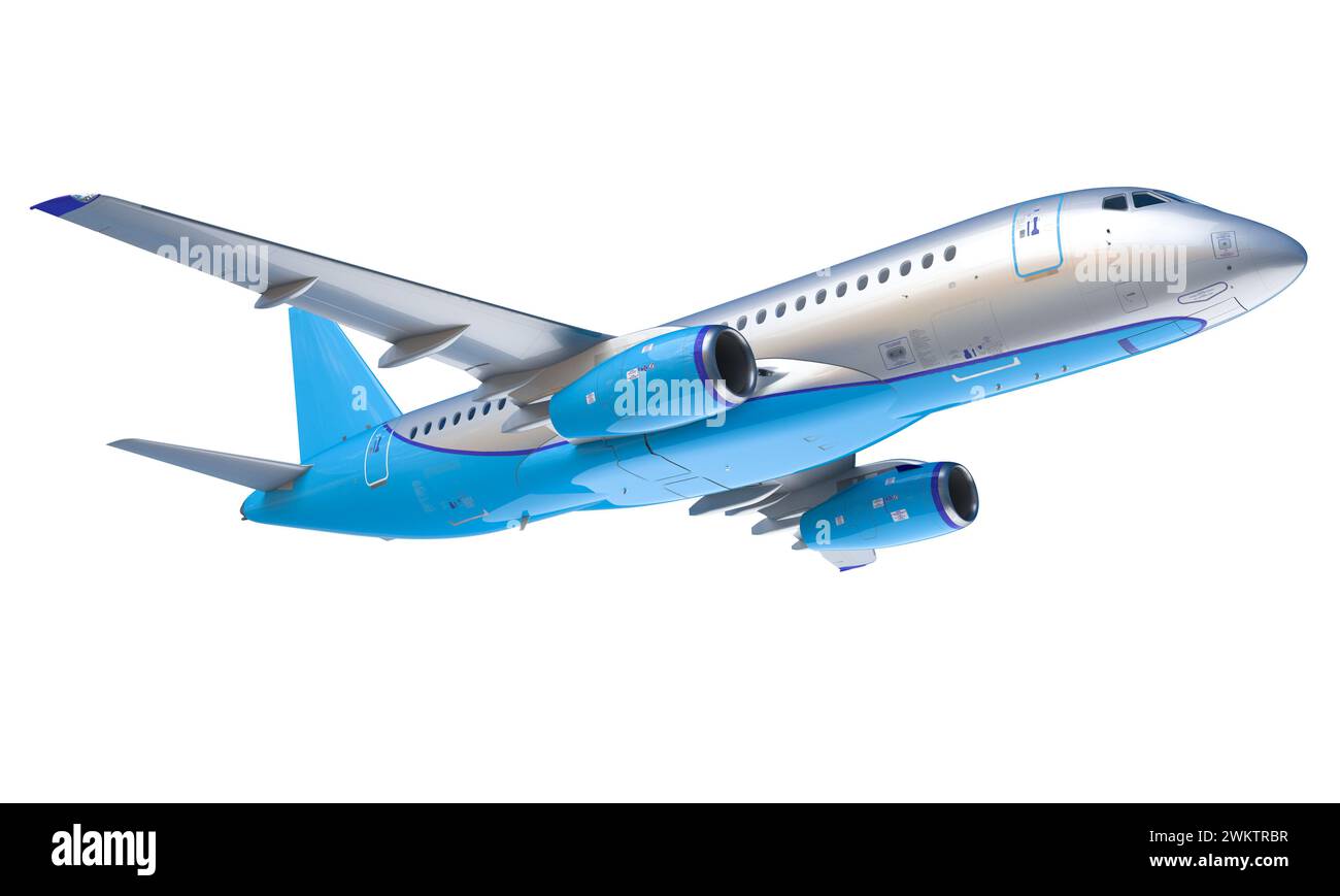Kommerzielles Jet-Flugzeug, das isoliert auf weißem Hintergrund fliegt. 3D-Rendering Stockfoto