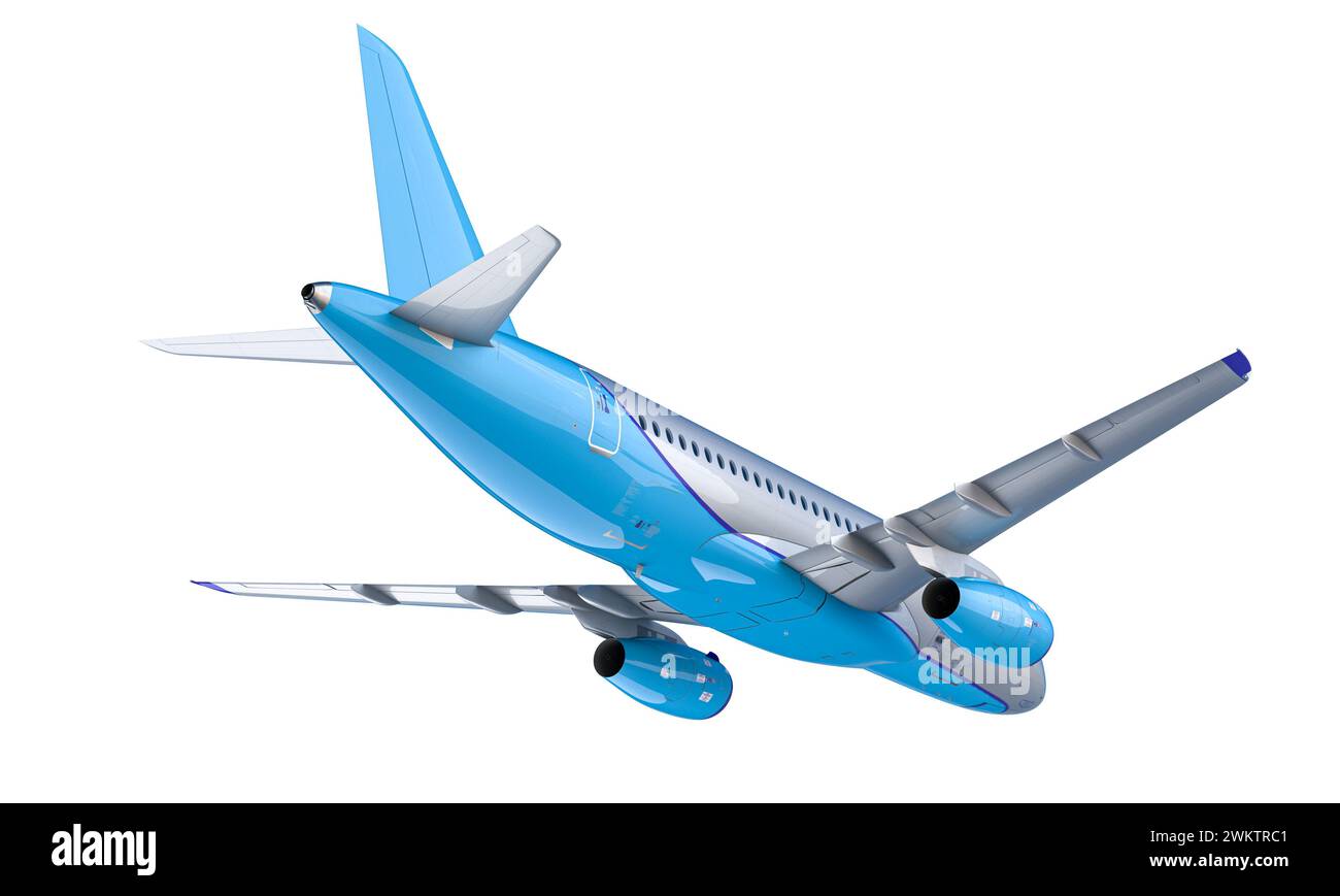 Passagierflugzeug von hinten gesehen, isoliert auf weiß. 3D-Rendering Stockfoto