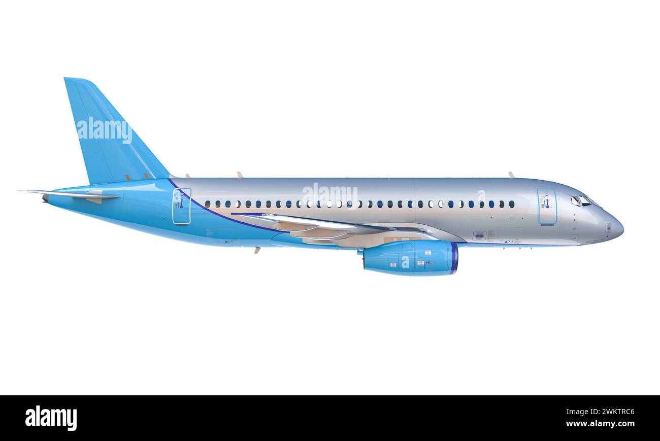 Fluggastflugzeug isoliert auf weißem Hintergrund. 3D-Rendering Stockfoto